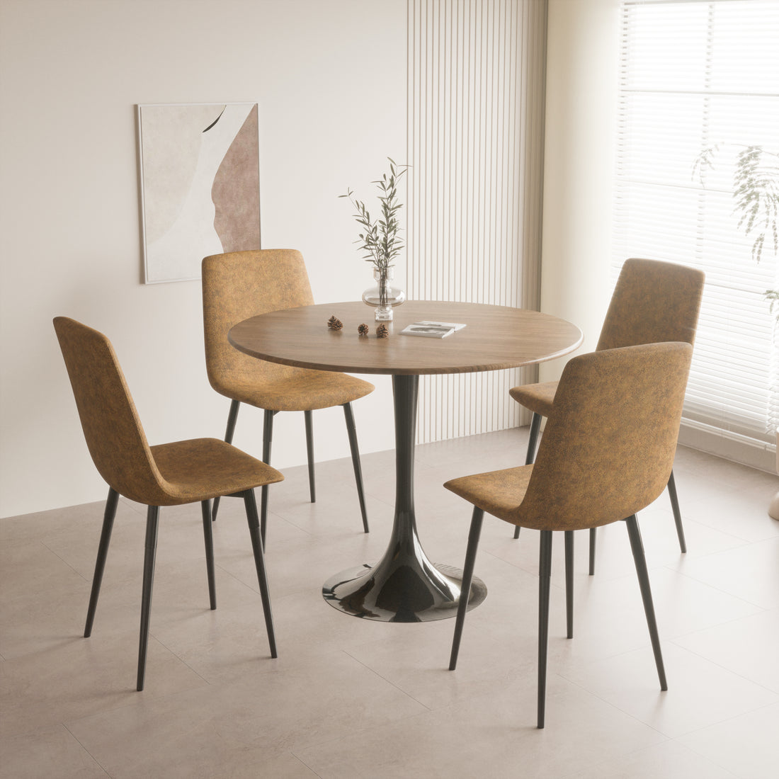 Walnut Color Round Dining Table, 31.5" Tulip Table Kitchen Dining Table 2 4 People With Mdf Table Top And Black Metal Pedestal Base And Brown Dining Chair 4 Piece Set For Black Metal Legs Walnut Brown Seats 4 Mdf