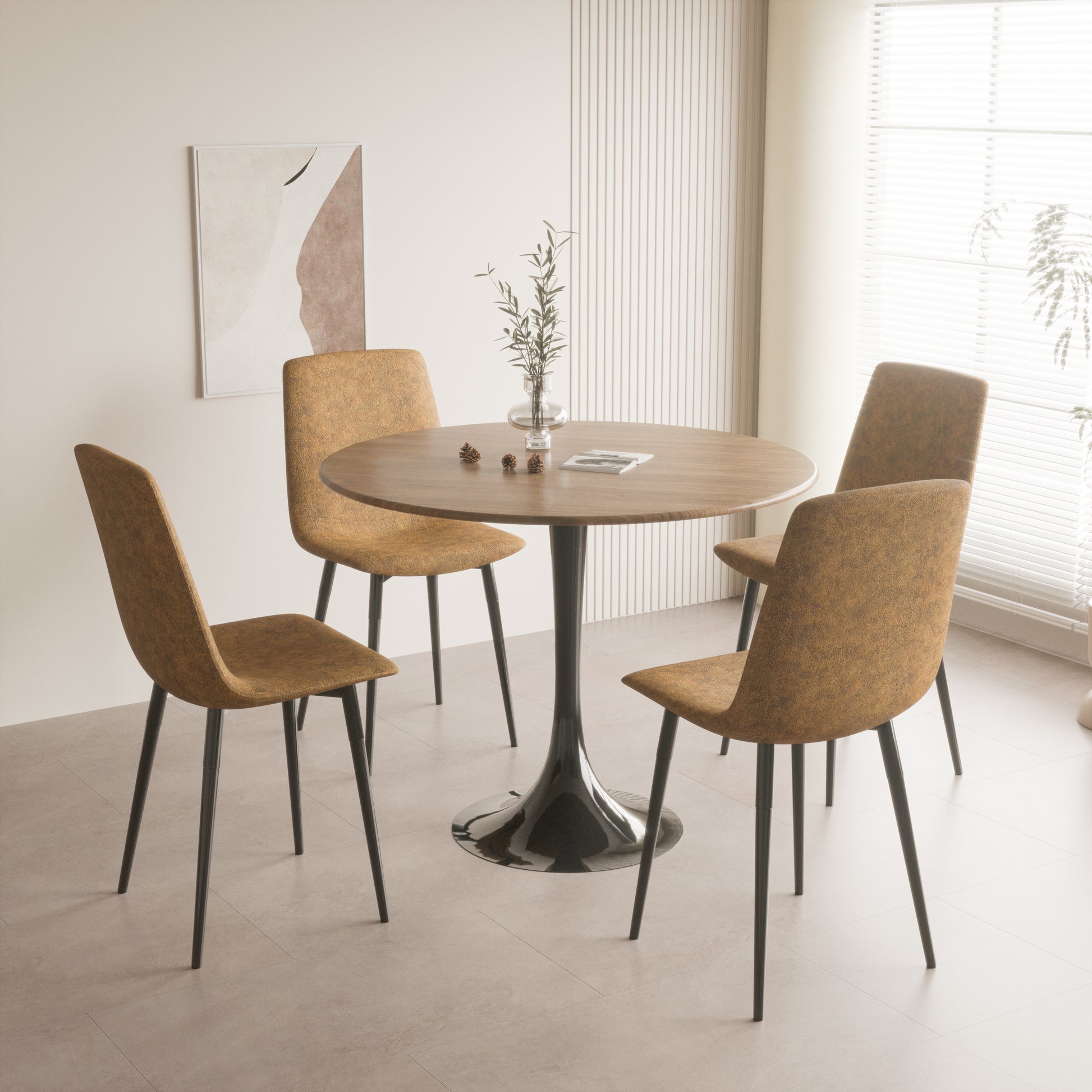 Walnut Color Round Dining Table, 31.5" Tulip Table Kitchen Dining Table 2 4 People With Mdf Table Top And Black Metal Pedestal Base And Brown Dining Chair 4 Piece Set For Black Metal Legs Walnut Brown Seats 4 Mdf