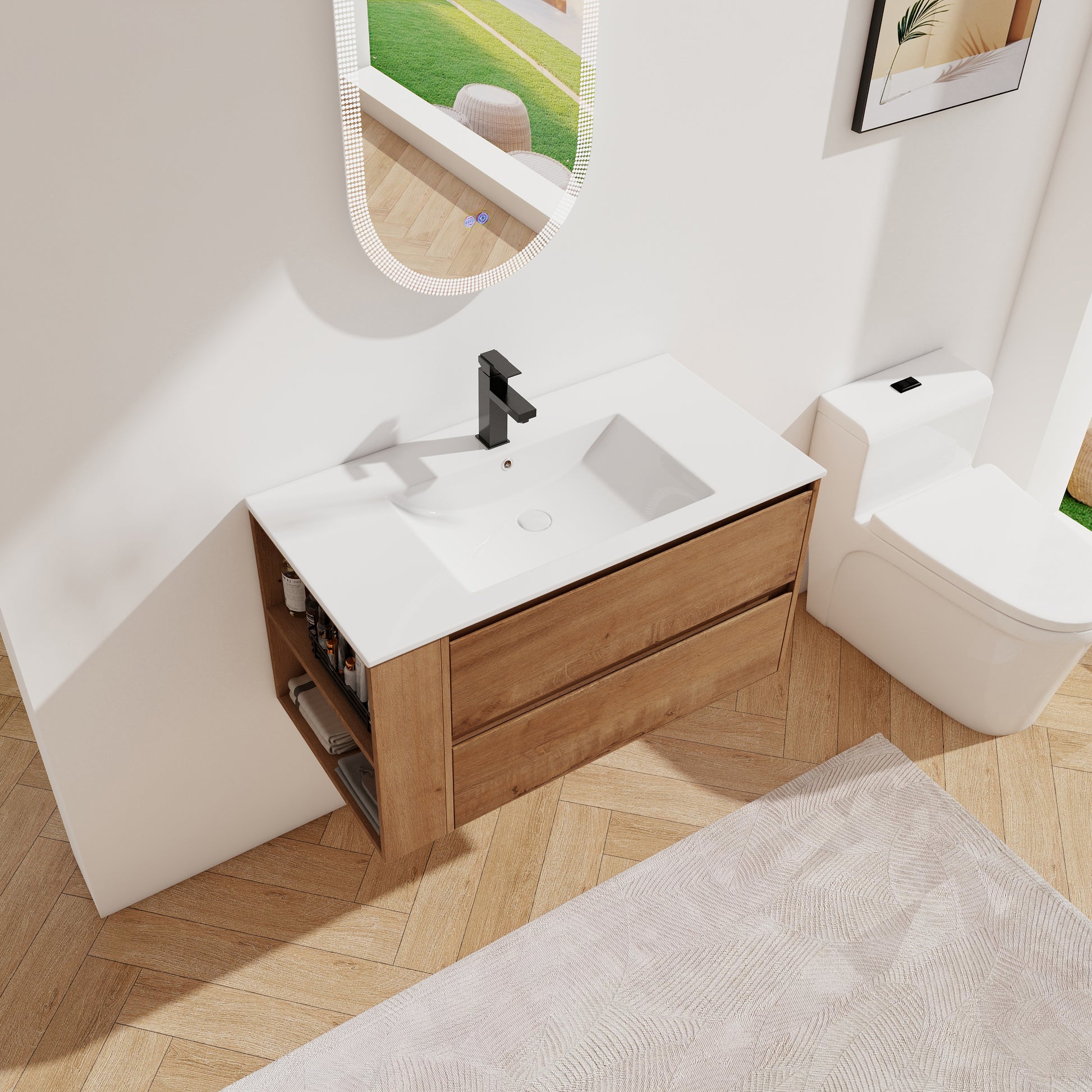 36" Wall Mounting Bathroom Vanity With Ceramic Sink, Soft Close Drawer 2 Imitative Oak 1 Bathroom Wall Mounted Modern Plywood