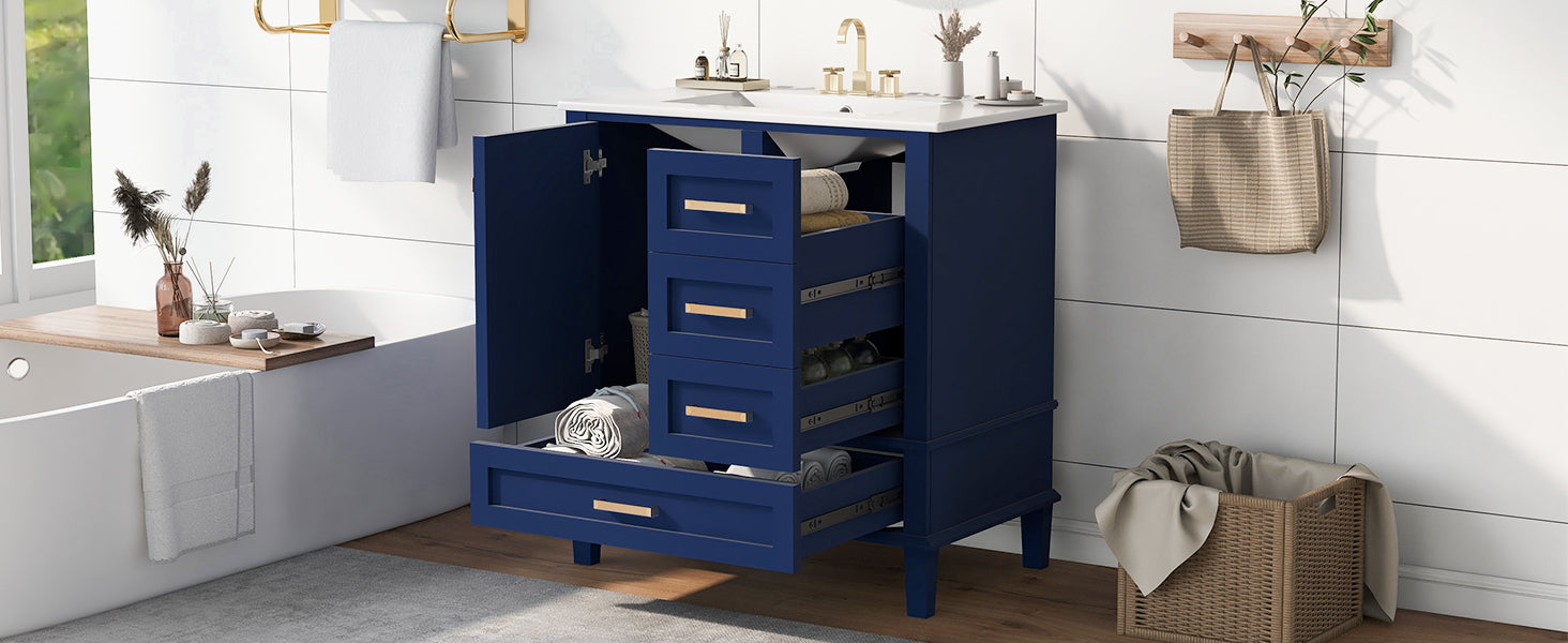 30" Bathroom Vanitymodern Bathroom Cabinet With Sink Combo Set, Bathroom Storage Cabinet With A Soft Closing Door And 3 Drawers, Solid Wood Frame Blue Blue Bathroom Solid Wood Mdf