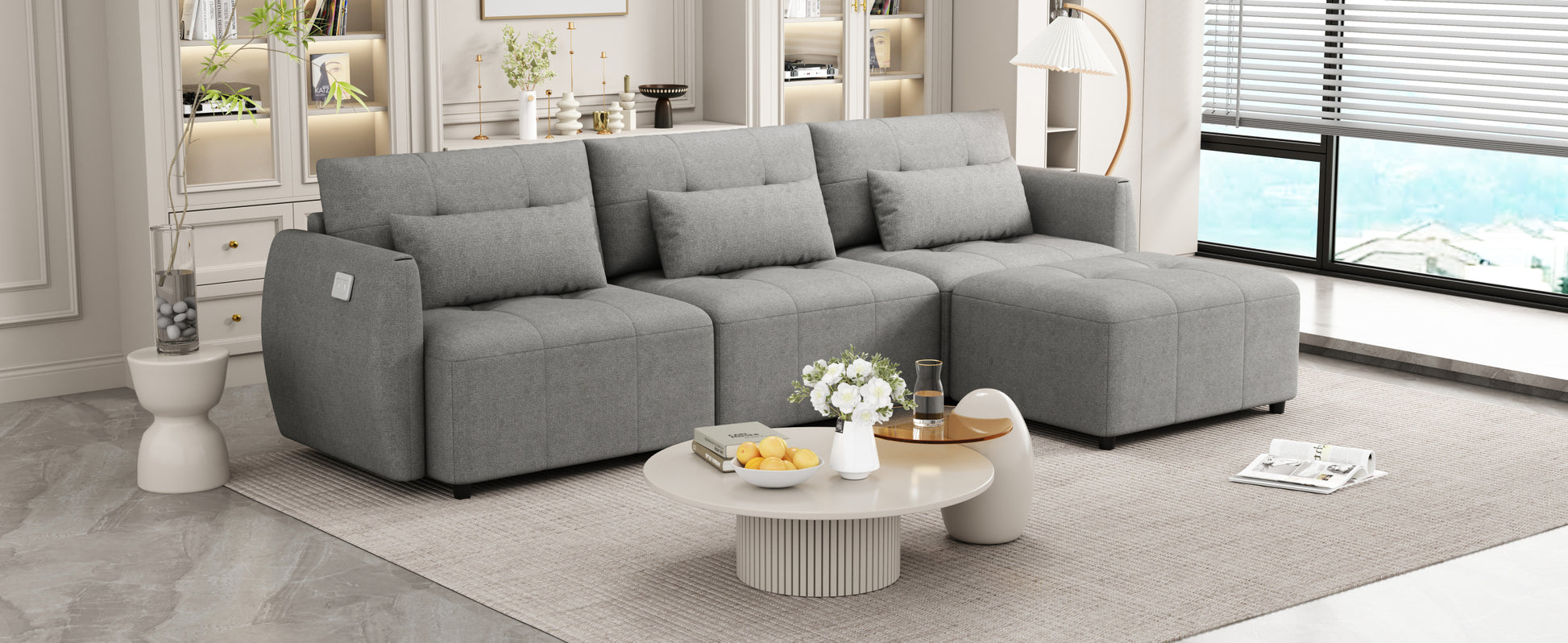 113.3" Convertible Sectional Sofa Couch 3 Seat L Shaped Sofa With Movable Ottoman And Usb For Apartment, Living Room, Bedroom, Grey Grey Chenille 3 Seat