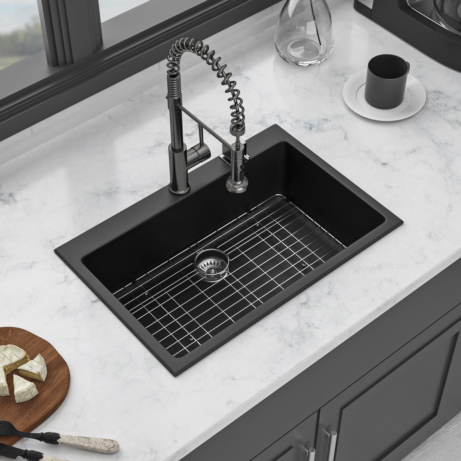 Quartz Kitchen Sink 33X22" Black Granite Composite Drop In Kitchen Sink Black Quartz