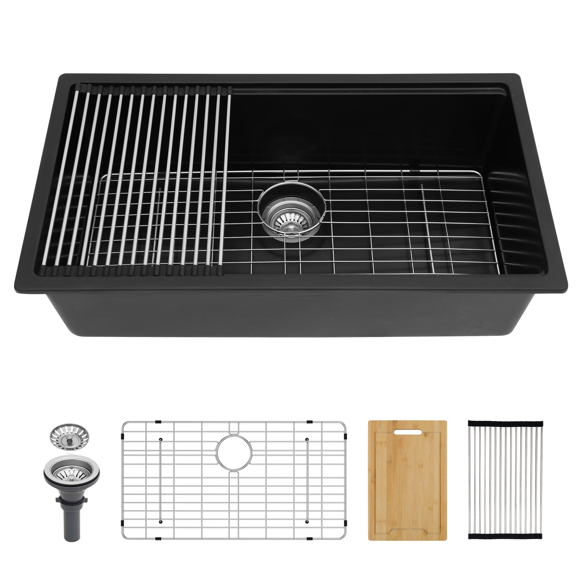 Quartz Kitchen Sink 30X19" Black Granite Composite Workstation Undermount Kitchen Sink Black Quartz