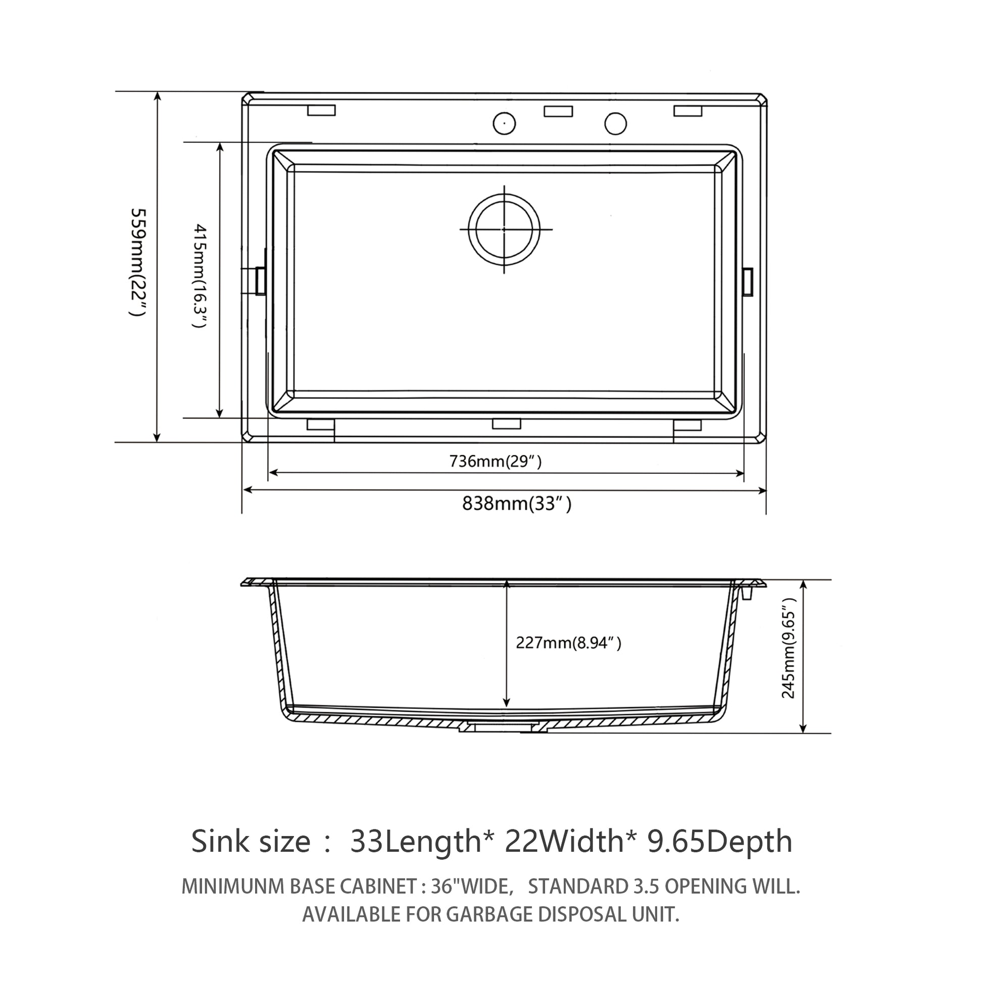 Quartz Kitchen Sink 33X22" Black Granite Composite Drop In Kitchen Sink Black Quartz