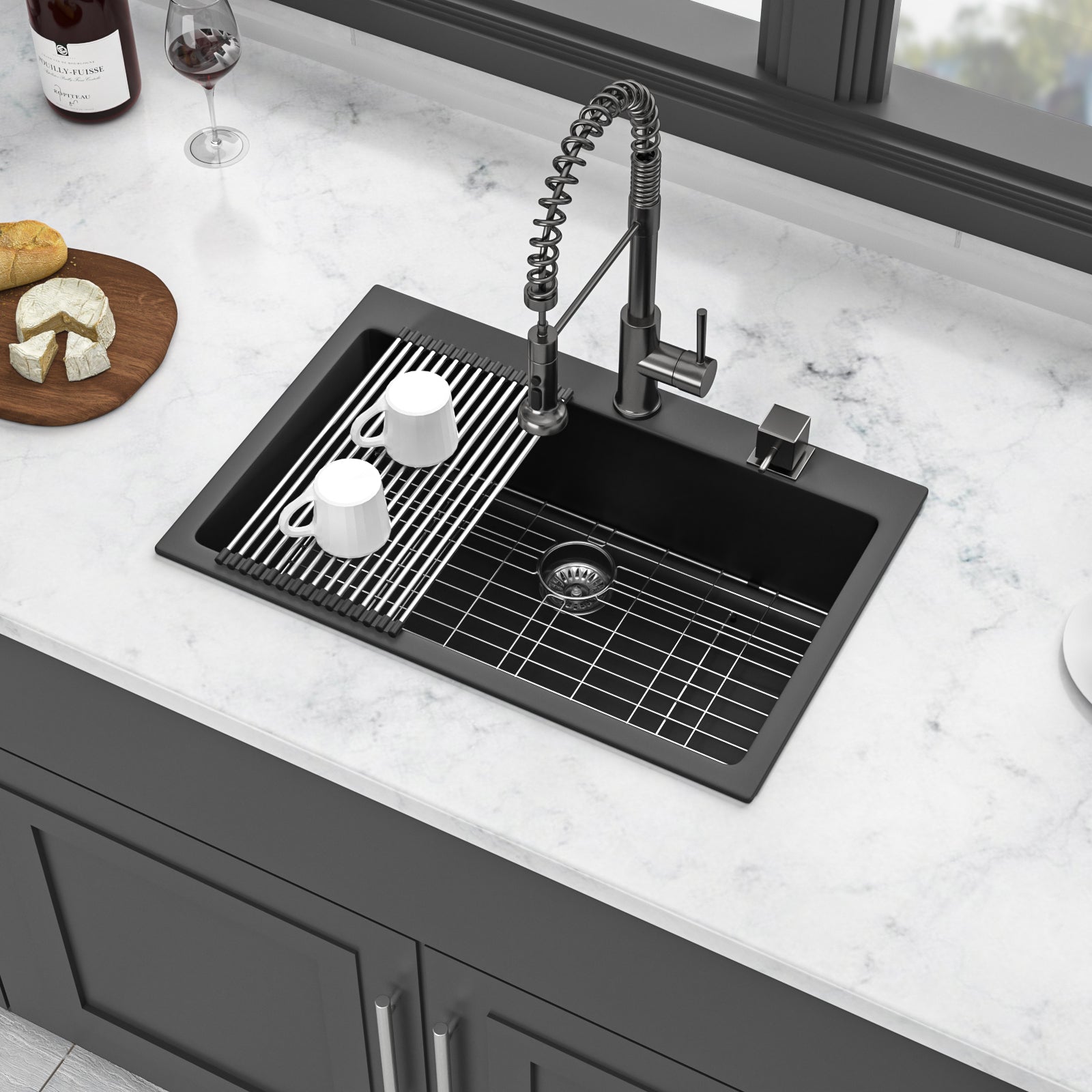 Quartz Kitchen Sink 33X22" Black Granite Composite Drop In Kitchen Sink Black Quartz