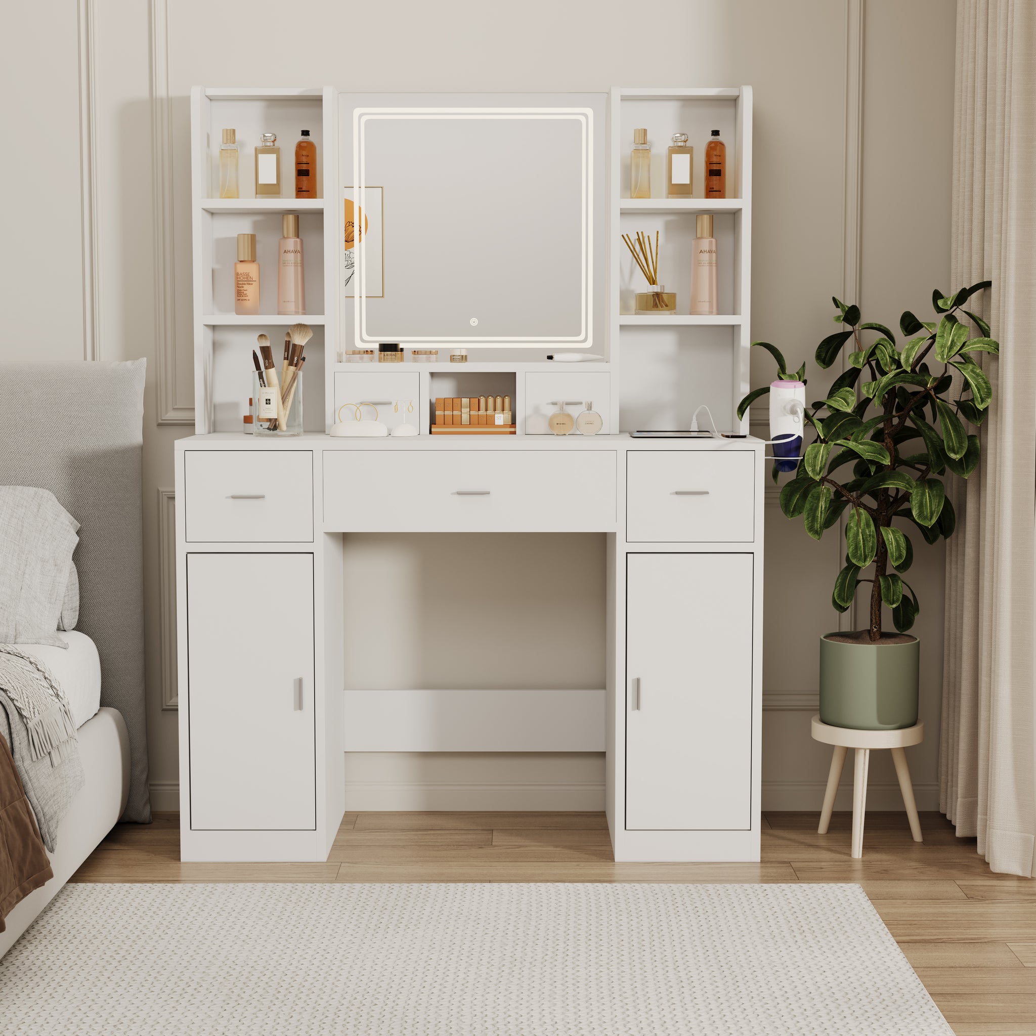 Newly Designed Smart Mirror Dressing Table With Drawers And Storage Cabinet, Dressing Table With Dressing Pad For Bedroom, Dressing Room White Mdf Glass