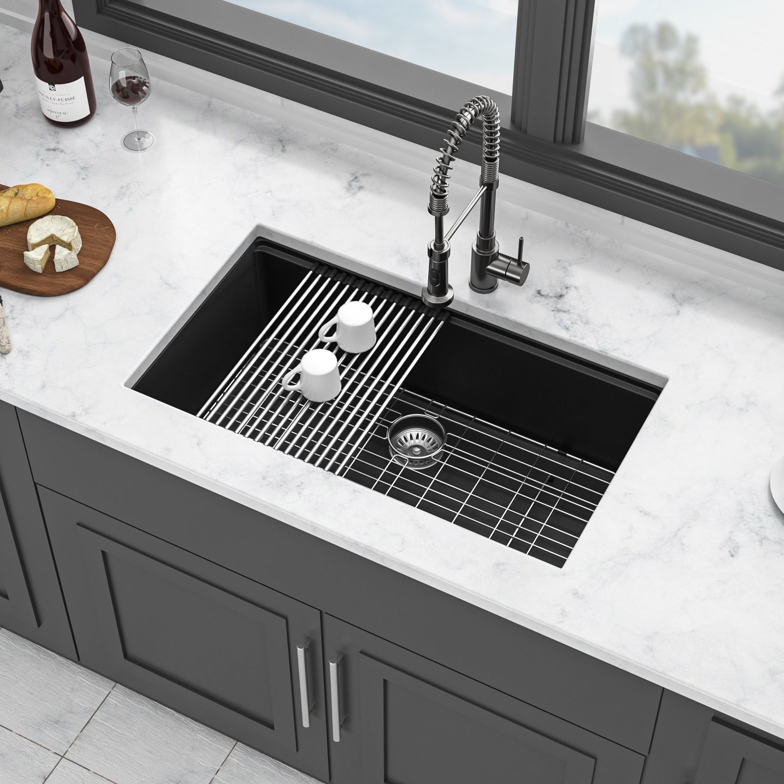 Quartz Kitchen Sink 32X19" Black Granite Composite Workstation Undermount Kitchen Sink Black Quartz