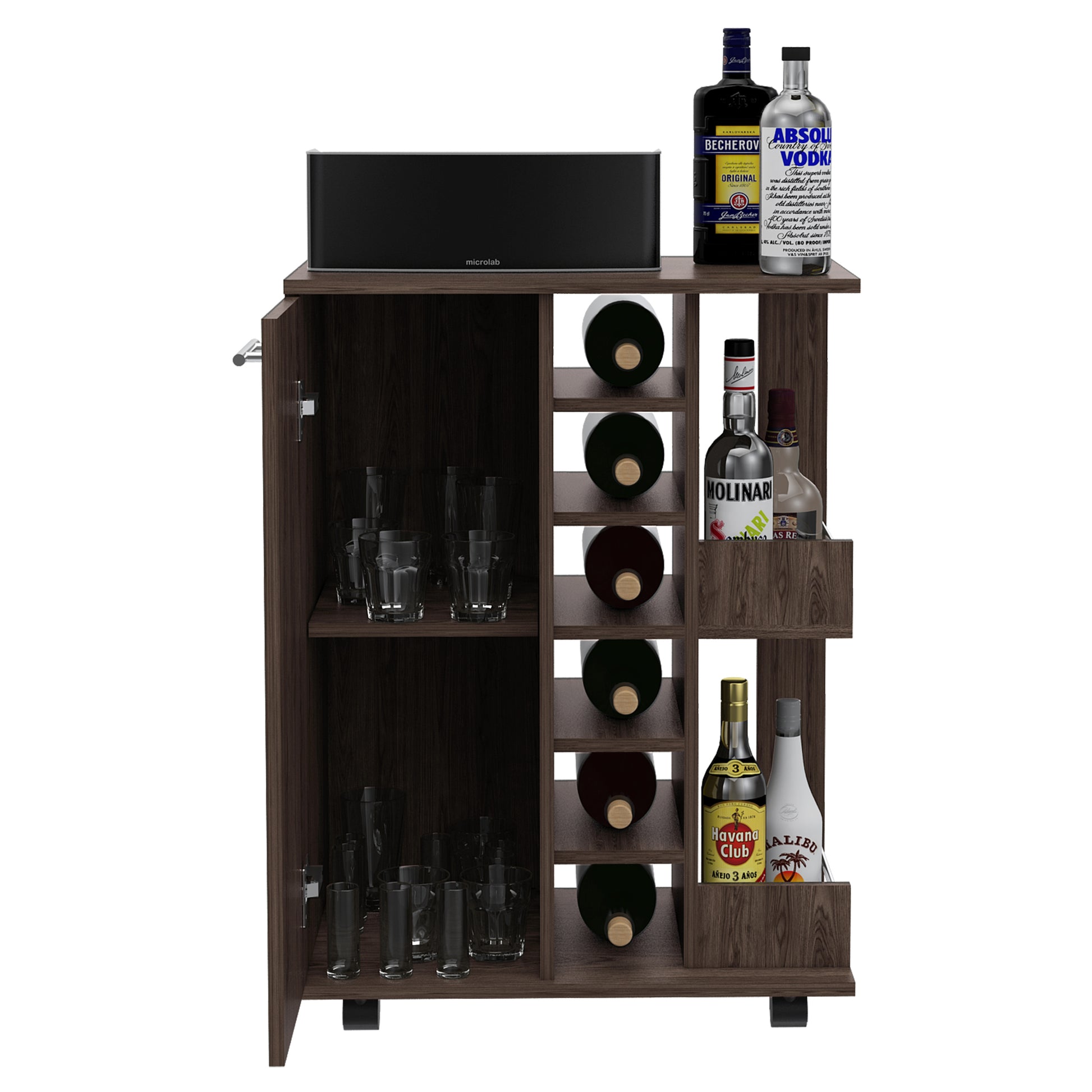 Tennessee Bar Cart, One Cabinet With Division, Six Cubbies For Liquor, Two Shelves Brown Primary Living Space Open Storage Space Modern Particle Board Engineered Wood