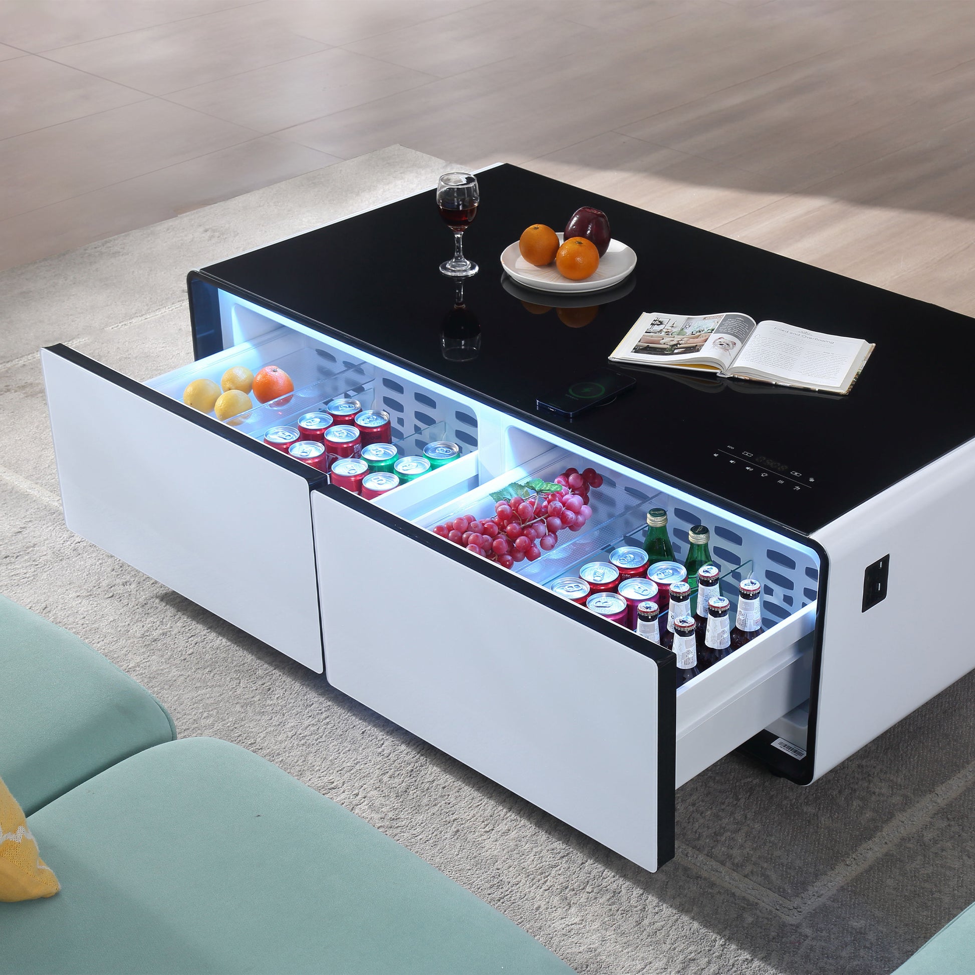 Modern Smart Coffee Table With Built In Fridge, Bluetooth Speaker, Wireless Charging Module, Touch Control Panel, Power Socket, Usb Interface, Outlet Protection, Atmosphere Light, White White Black Built In Outlets Or Usb Primary Living Space