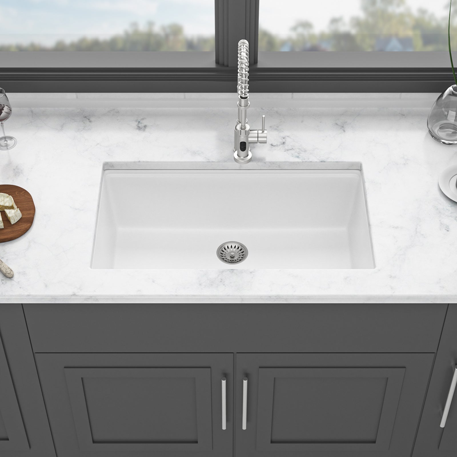 Quartz Kitchen Sink 32X19" White Granite Composite Workstation Undermount Kitchen Sink White Quartz