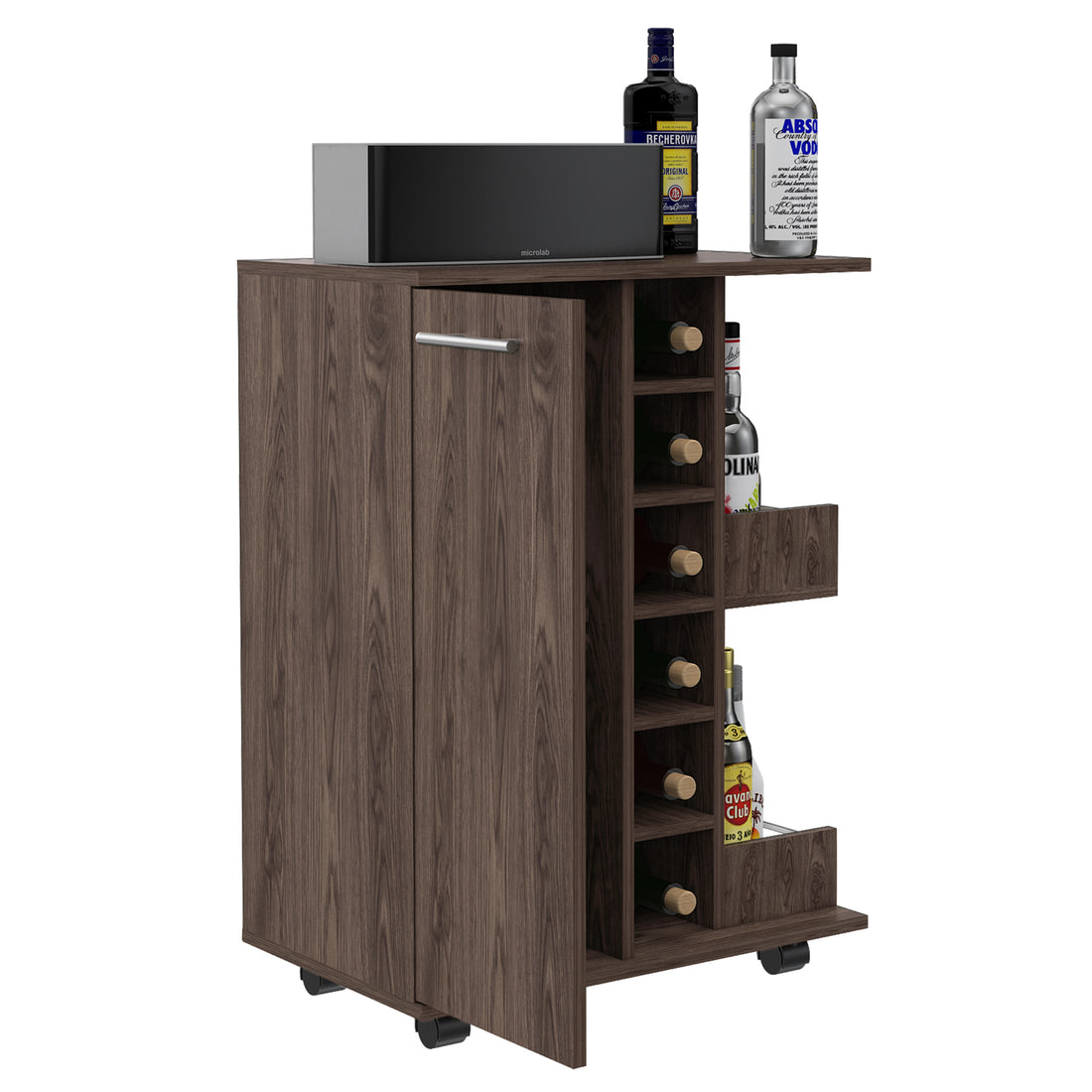 Tennessee Bar Cart, One Cabinet With Division, Six Cubbies For Liquor, Two Shelves Brown Primary Living Space Open Storage Space Modern Particle Board Engineered Wood