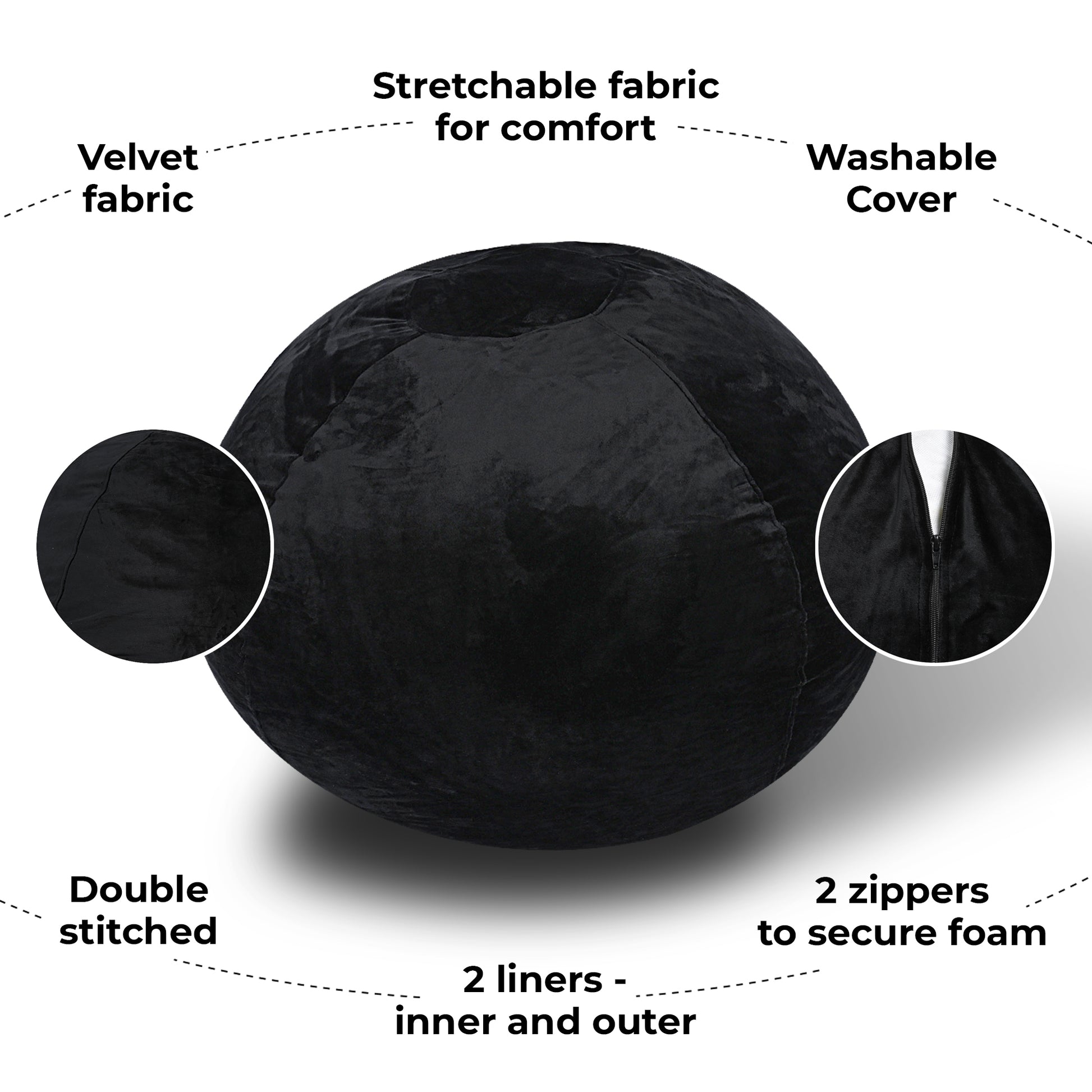 Minky Velvet Bean Bag Chair, Black 3Ft Plush Floor Chair For Kids And Adults W Washable Cover, Lounge Chair With Stretchable Fabric, Comfy Bedroom Chair, Filled With Shredded And Memory Foam. Black Velvet