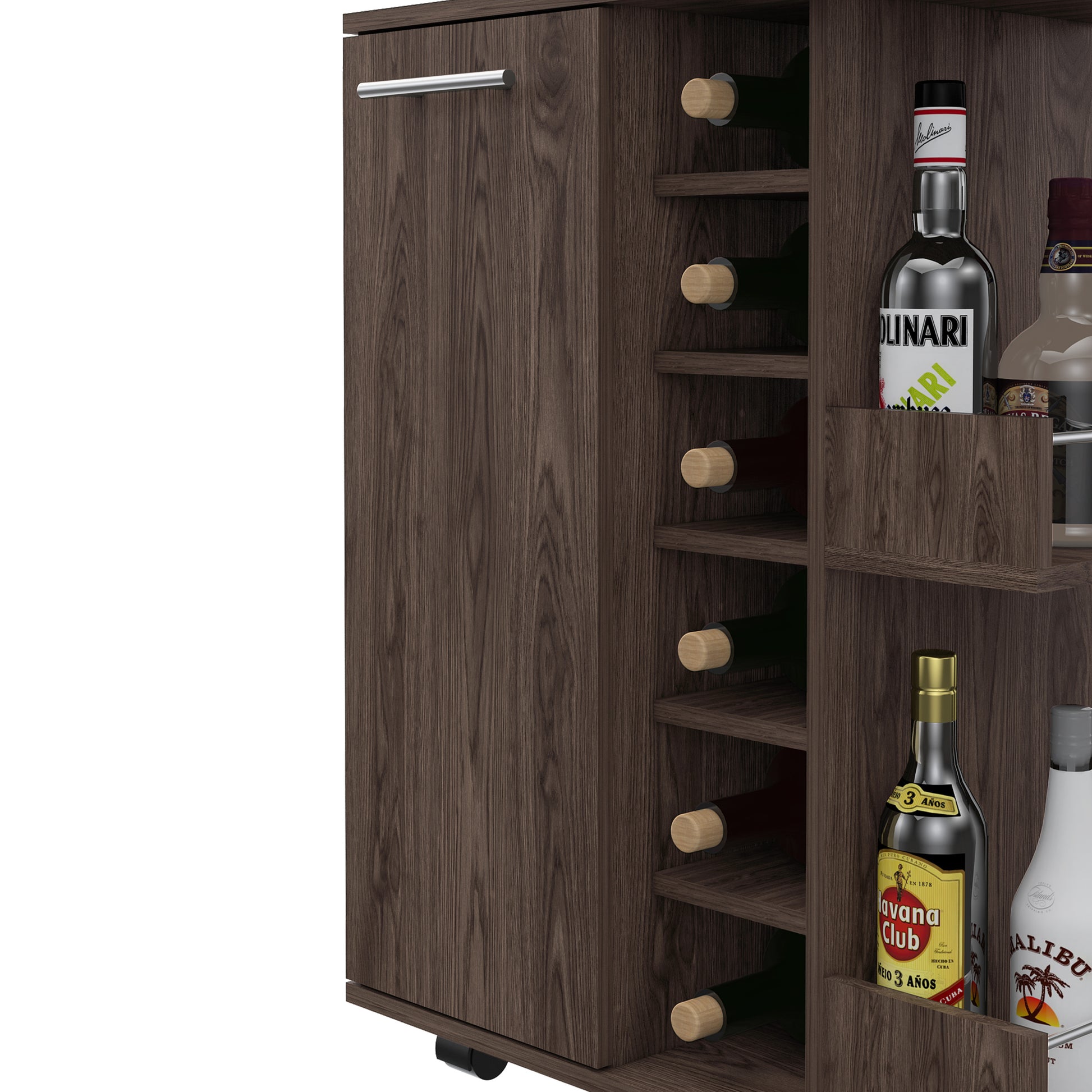 Tennessee Bar Cart, One Cabinet With Division, Six Cubbies For Liquor, Two Shelves Brown Primary Living Space Open Storage Space Modern Particle Board Engineered Wood