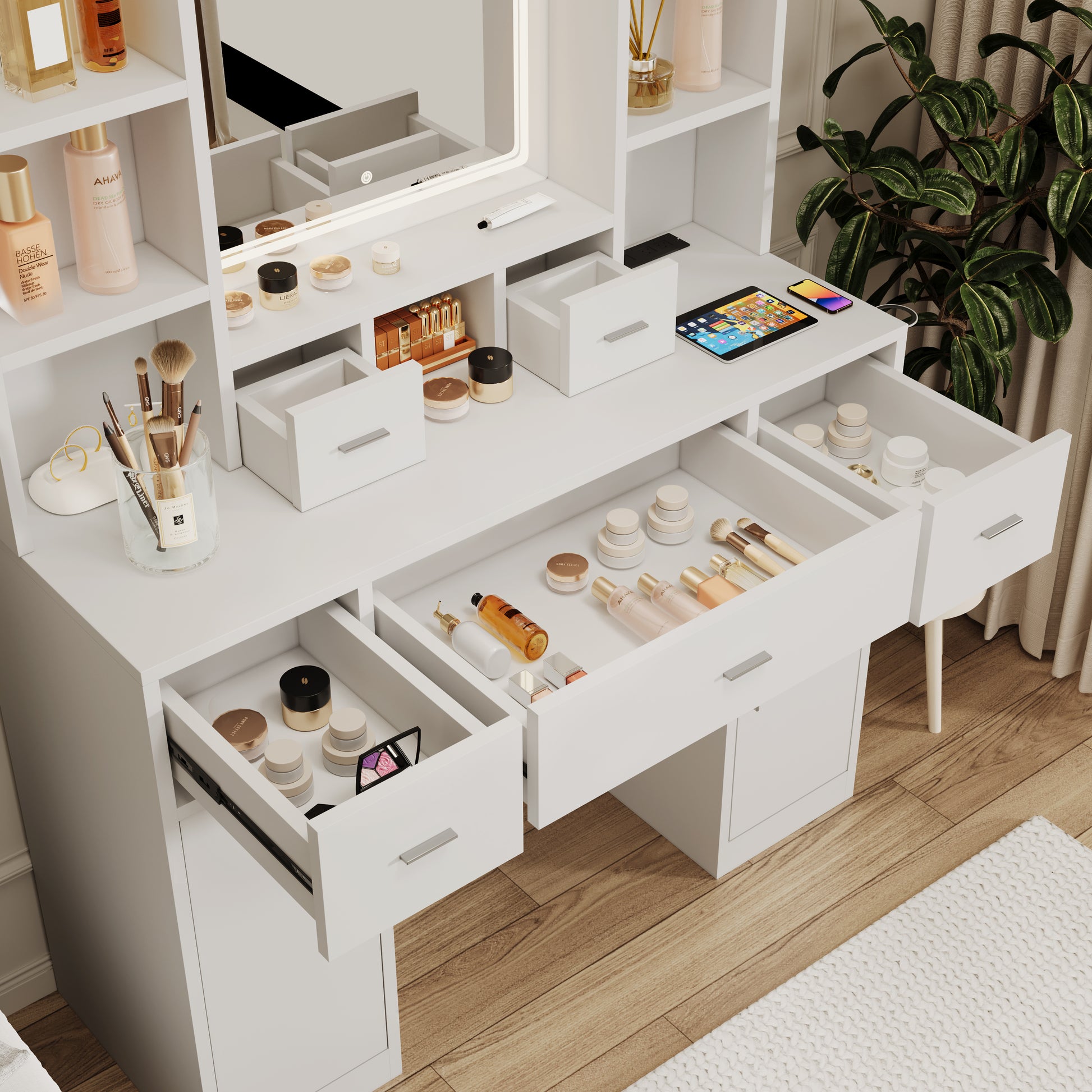 Newly Designed Smart Mirror Dressing Table With Drawers And Storage Cabinet, Dressing Table With Dressing Pad For Bedroom, Dressing Room White Mdf Glass