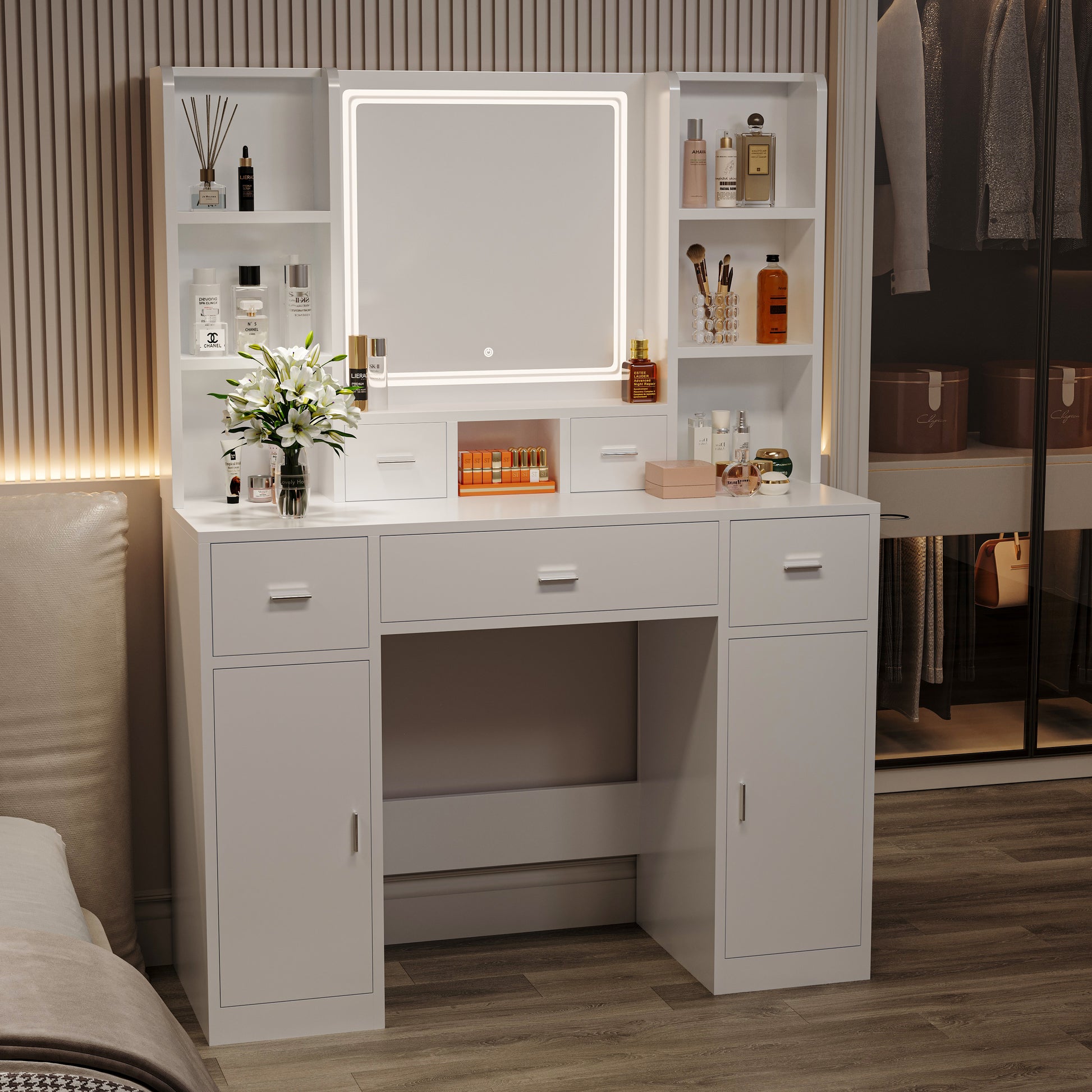 Newly Designed Smart Mirror Dressing Table With Drawers And Storage Cabinet, Dressing Table With Dressing Pad For Bedroom, Dressing Room White Mdf Glass