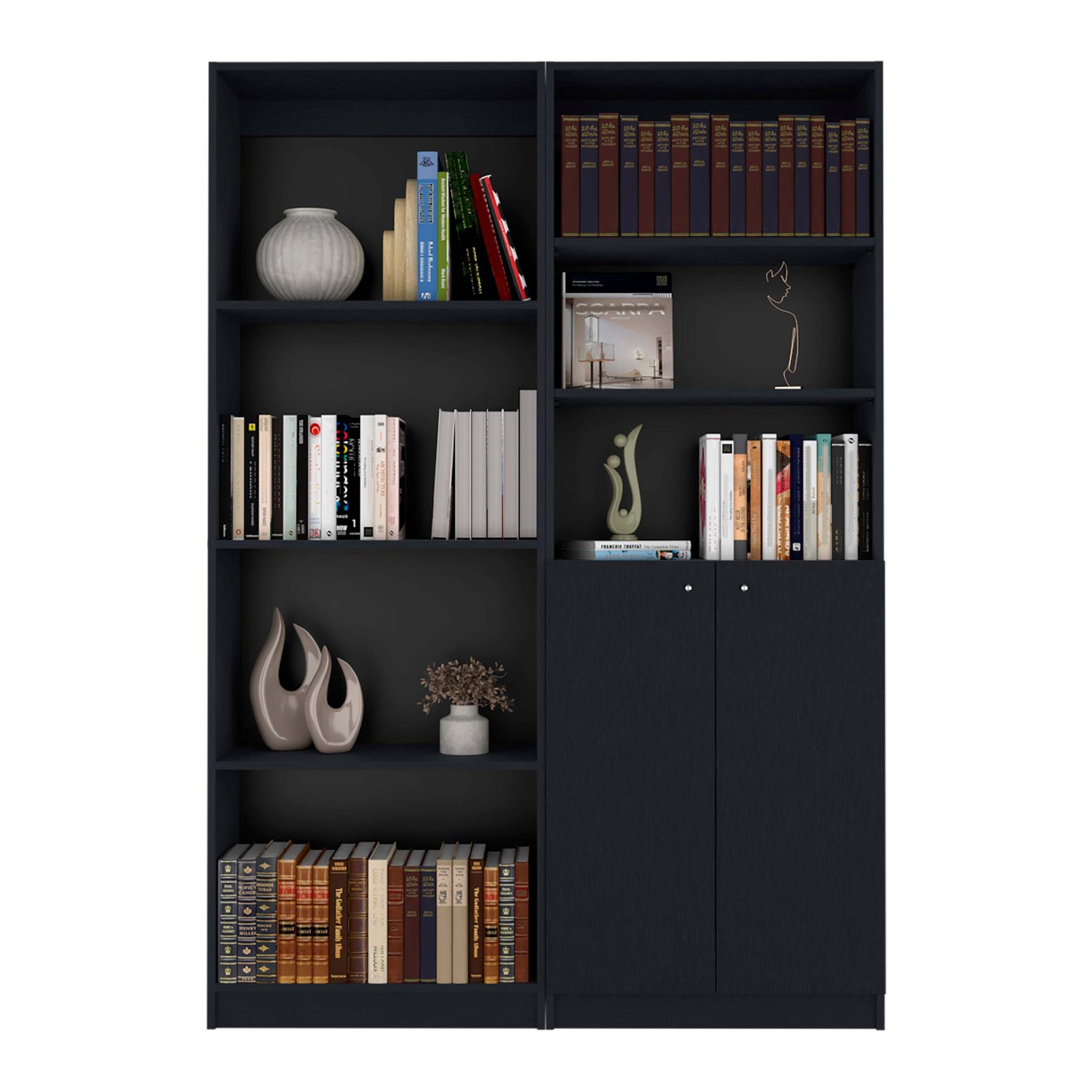 Helena Black 2 Piece Living Room Set With 2 Bookcases Black Standard Horizontal Primary Living Space Closed Back Wood With Doors Wood