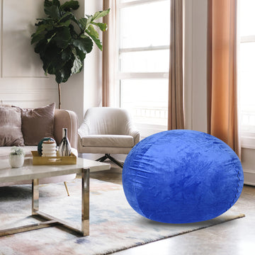 Minky Velvet Bean Bag Chair, Blue 4Ft Plush Floor Chair For Kids And Adults W Washable Cover, Lounge Chair With Stretchable Fabric, Comfy Bedroom Chair, Filled With Shredded And Memory Foam. Blue Velvet