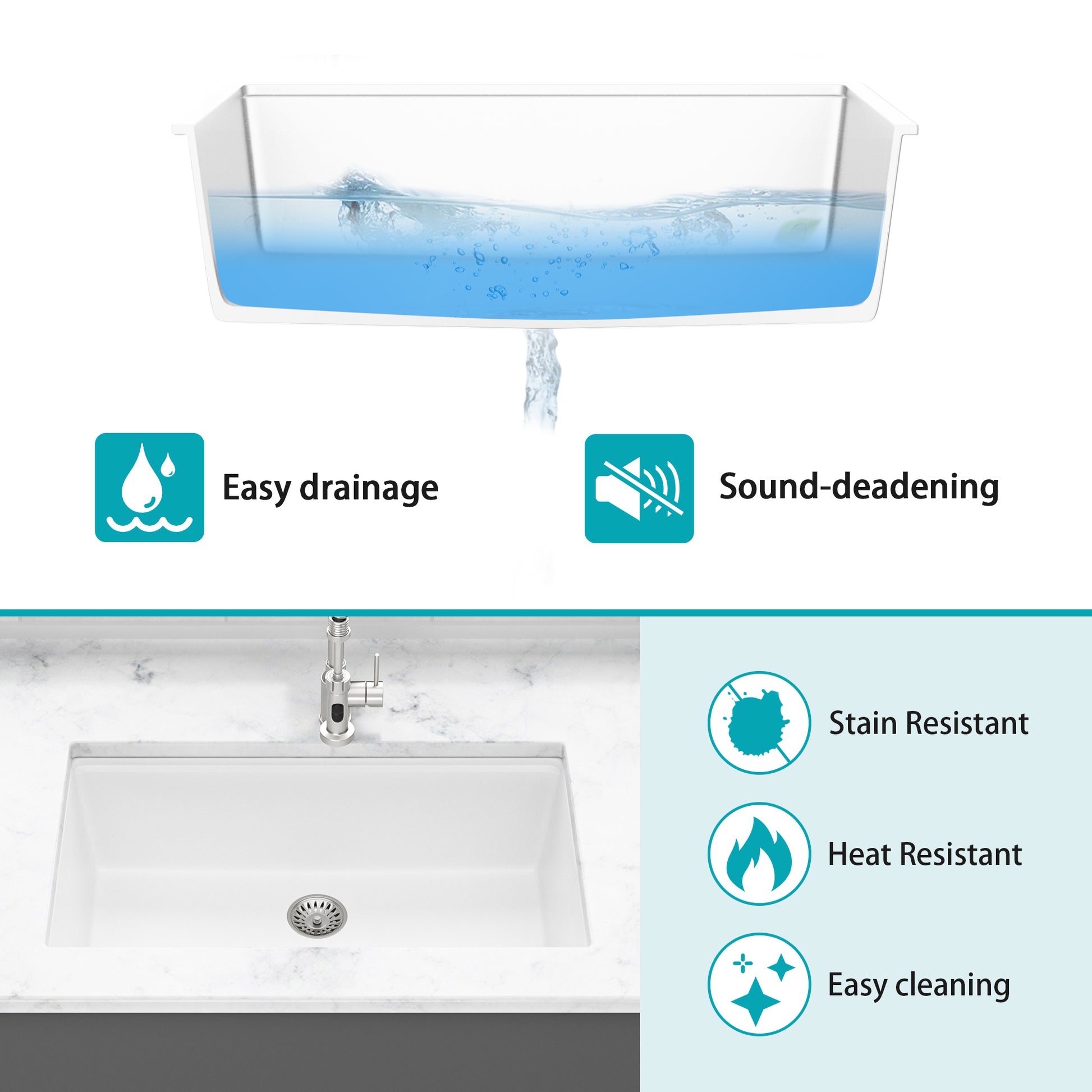 Quartz Kitchen Sink 33X19" White Granite Composite Workstation Undermount Kitchen Sink White Quartz