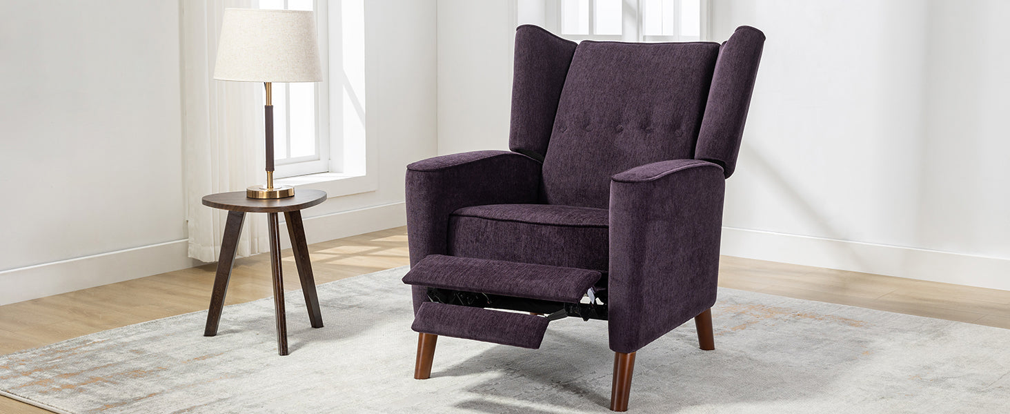 Mid Century Chenille Wingback Recliner Chair, Button Tufted Design Pushback Recliner Chair With Armrest And Solid Wood Legs, For Bedroom Living Room, Purple Purple Chenille