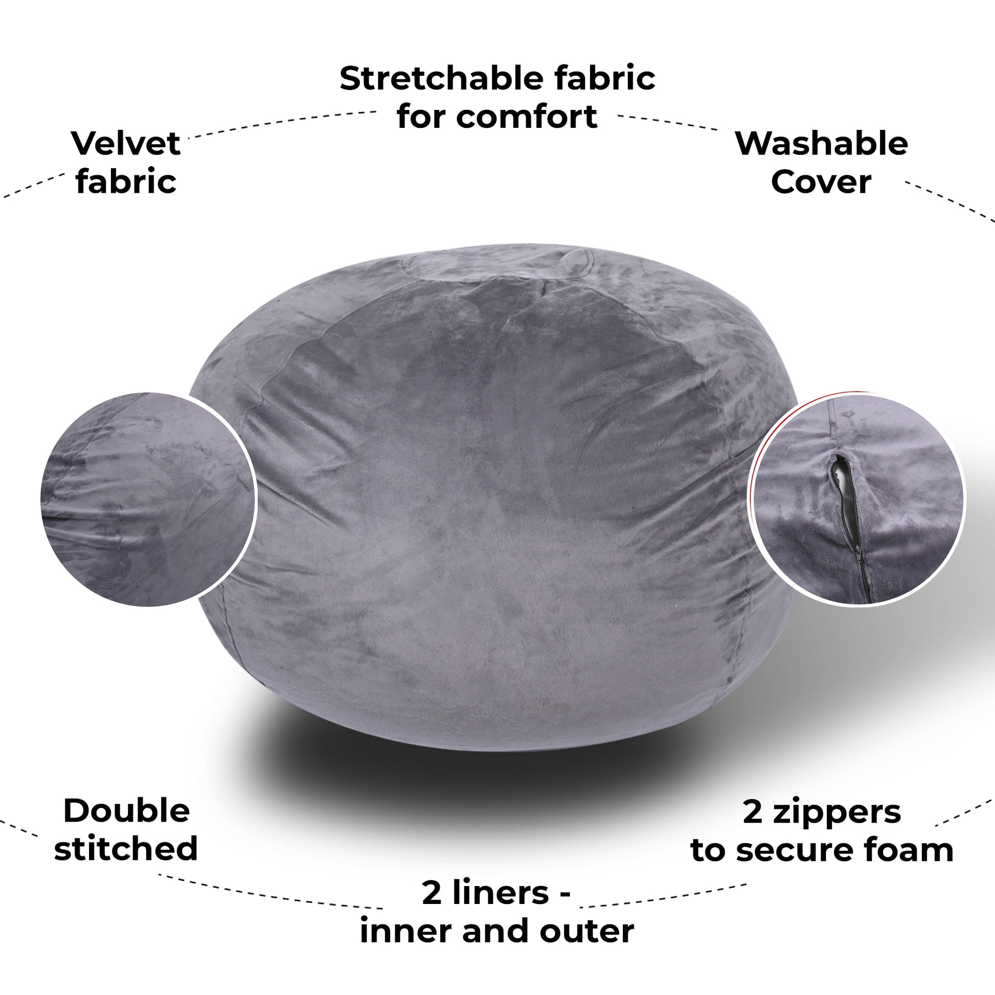 Minky Velvet Bean Bag Chair, Grey 4Ft Plush Floor Chair For Kids And Adults W Washable Cover, Lounge Chair With Stretchable Fabric, Comfy Bedroom Chair, Filled With Shredded And Memory Foam. Gray Velvet