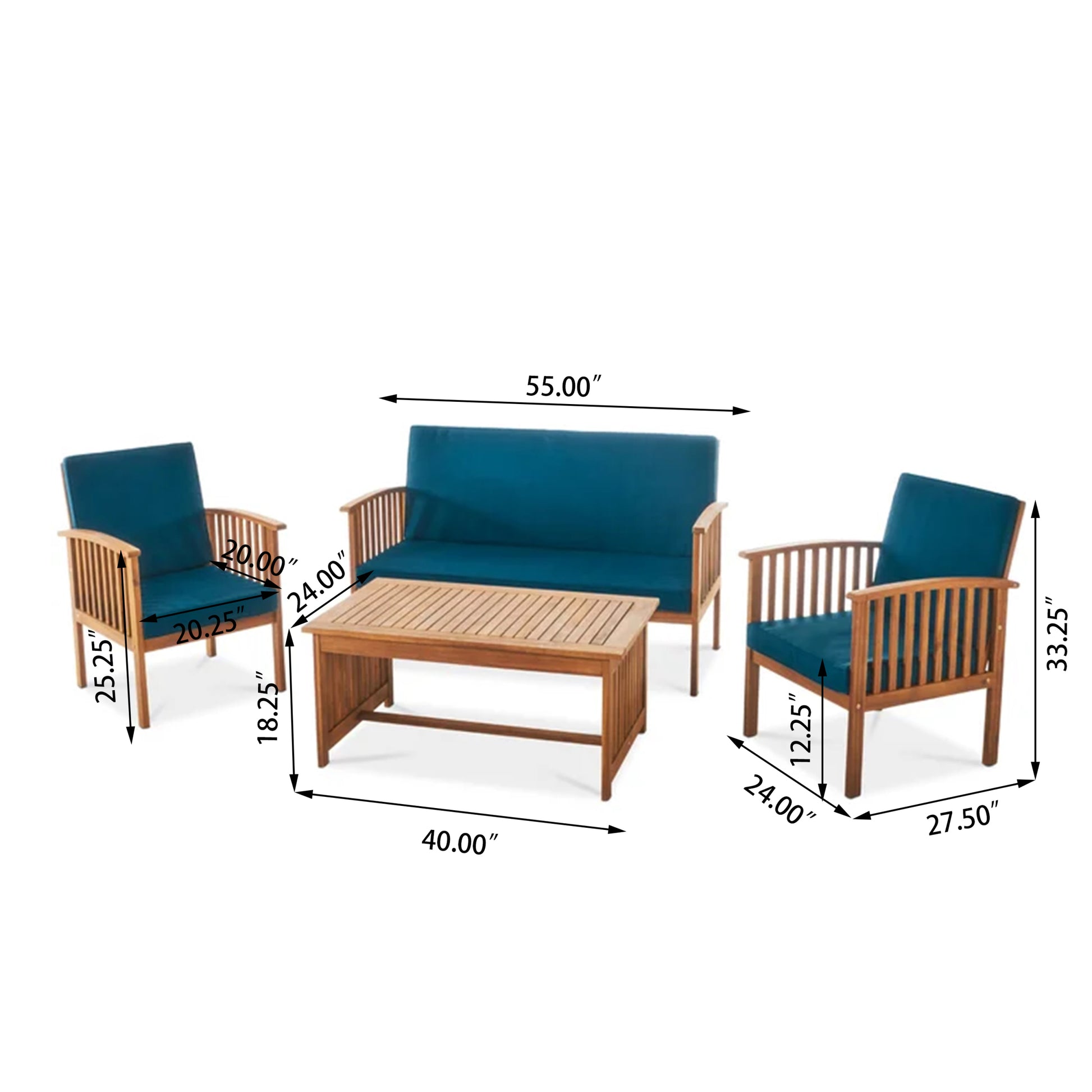 Outdoor Acacia Wood Sofa Set With Water Resistant Cushions, 4 Pcs Set, Brown Patina Teal Blue Teal Blue Acacia Wood