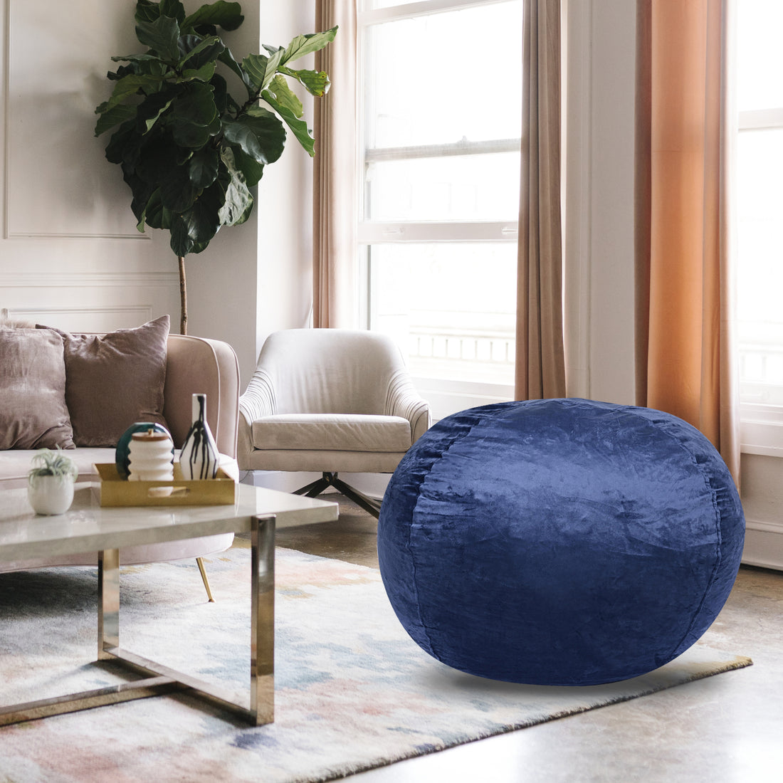 Minky Velvet Bean Bag Chair, Navy 5Ft Plush Floor Chair For Kids And Adults W Washable Cover, Lounge Chair With Stretchable Fabric, Comfy Bedroom Chair, Filled With Shredded And Memory Foam. Navy Velvet