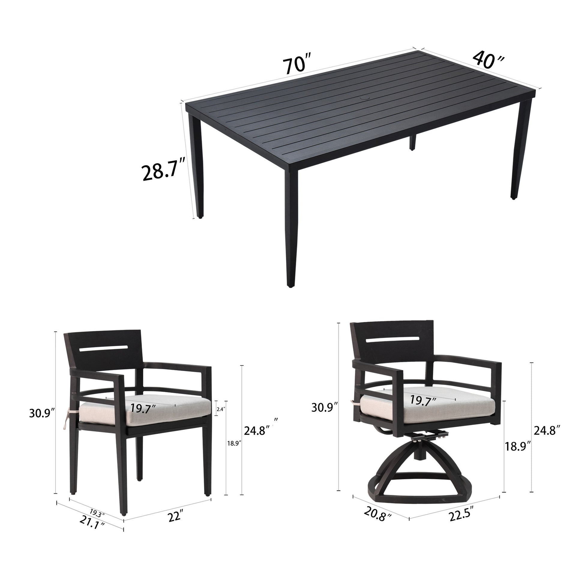 7 Piece Outdoor Patio Aluminum Furniture, Modern Dining Set, Including 4 Dining Chairs & 2 Swivel Rockers Sunbrella Fabric Cushioned And Rectangle Dining Table With Umbrella Hole, Ember Black Yes Dining Set Ember Black Seats 6 Rust Resistant Frame Fade