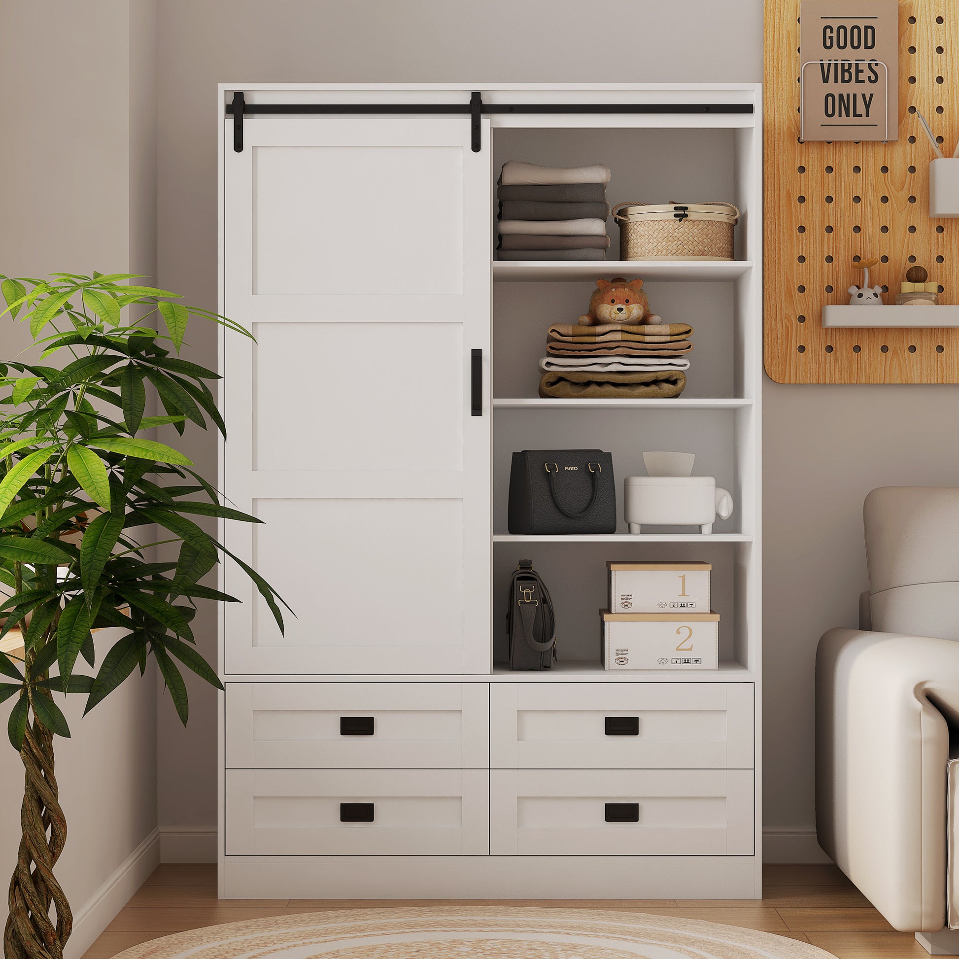 Tall Bedroom Armoire Wardrobe Closet Clothing Storage Cabinet With Hanging Rod Barn Door Drawers Open Shelves White Mdf