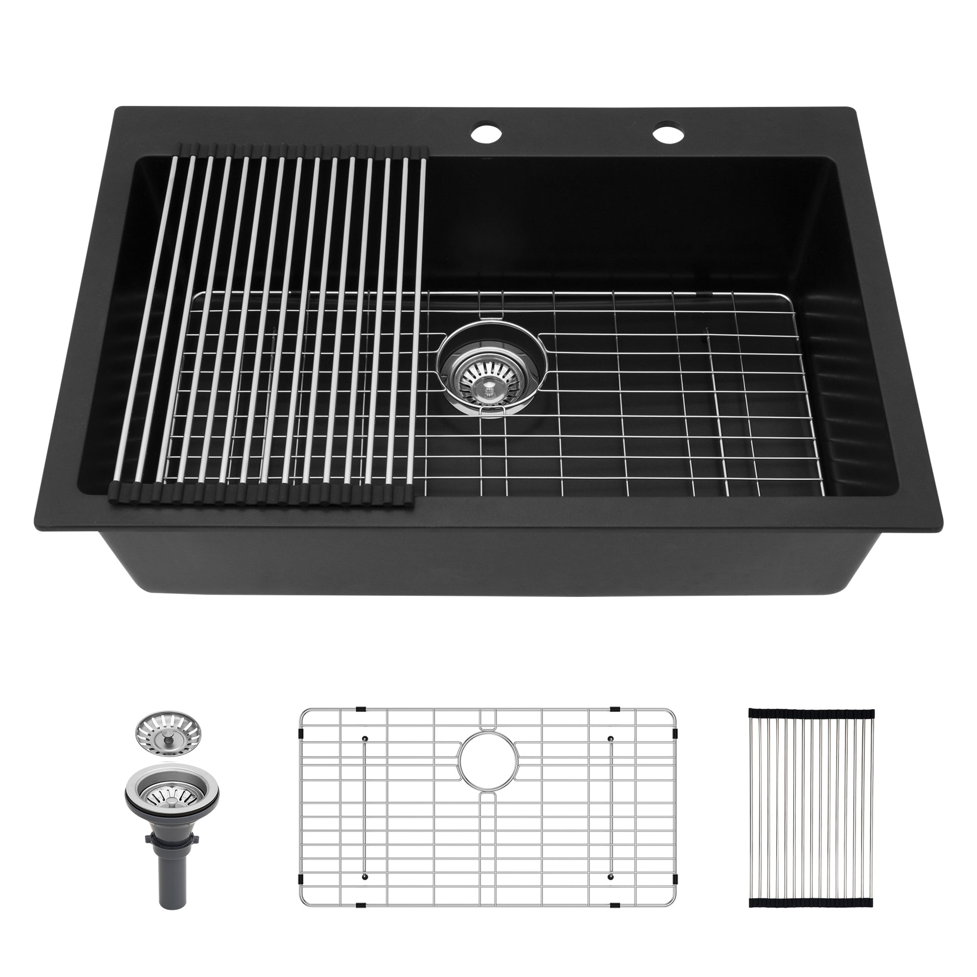 Quartz Kitchen Sink 33X22" Black Granite Composite Drop In Kitchen Sink Black Quartz