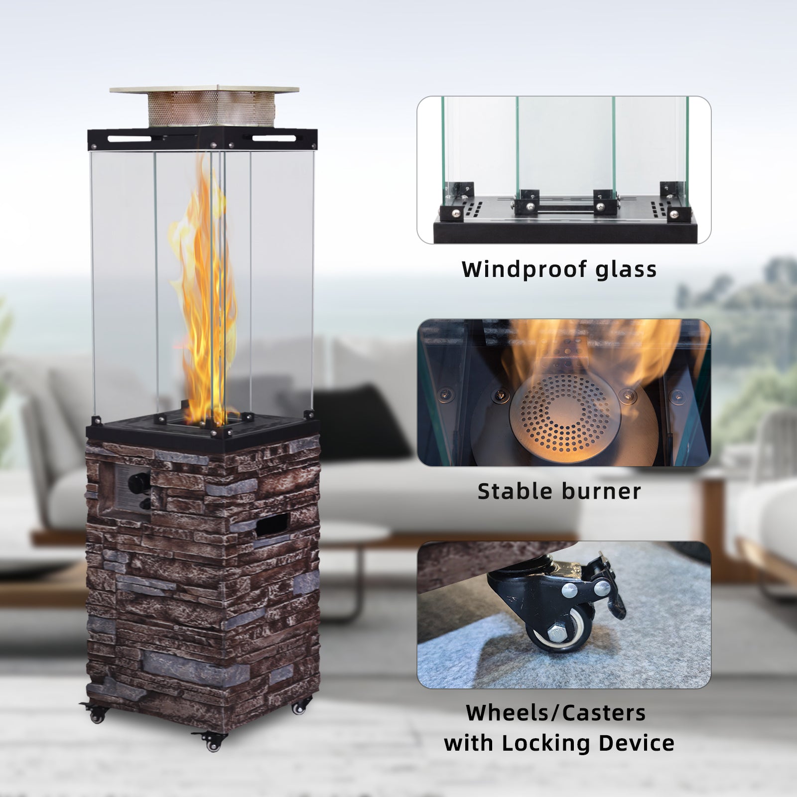 Good Design Faux Stone Texture Tempered Glass Outdoor Propane Gas Fire Heater Antique Natural Magnesium Oxide