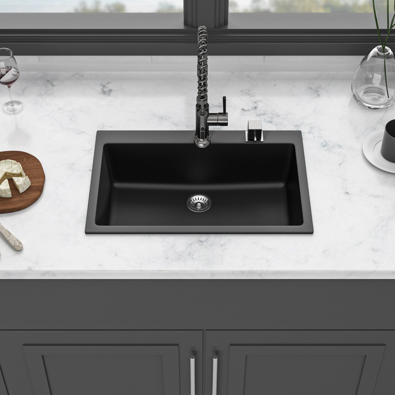 Quartz Kitchen Sink 33X22" Black Granite Composite Drop In Kitchen Sink Black Quartz