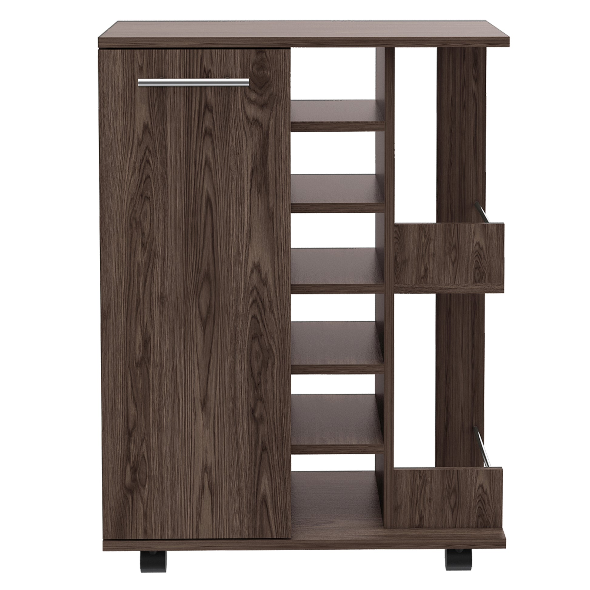 Tennessee Bar Cart, One Cabinet With Division, Six Cubbies For Liquor, Two Shelves Brown Primary Living Space Open Storage Space Modern Particle Board Engineered Wood