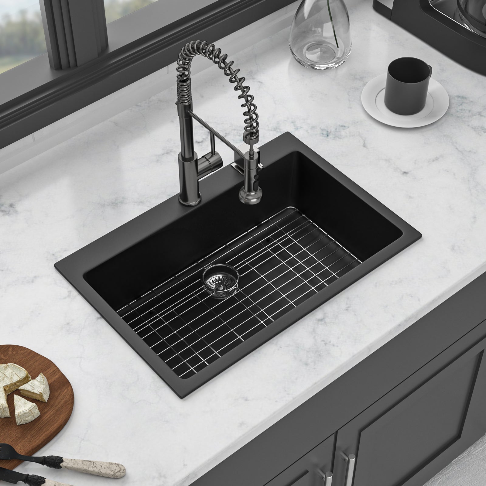 Quartz Kitchen Sink 33X22" Black Granite Composite Drop In Kitchen Sink Black Quartz