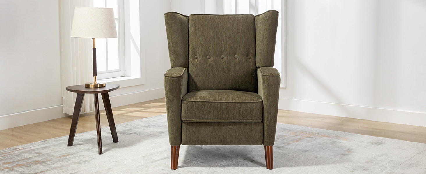 Mid Century Chenille Wingback Recliner Chair, Button Tufted Design Pushback Recliner Chair With Armrest And Solid Wood Legs, For Bedroom Living Room, Green Green Chenille