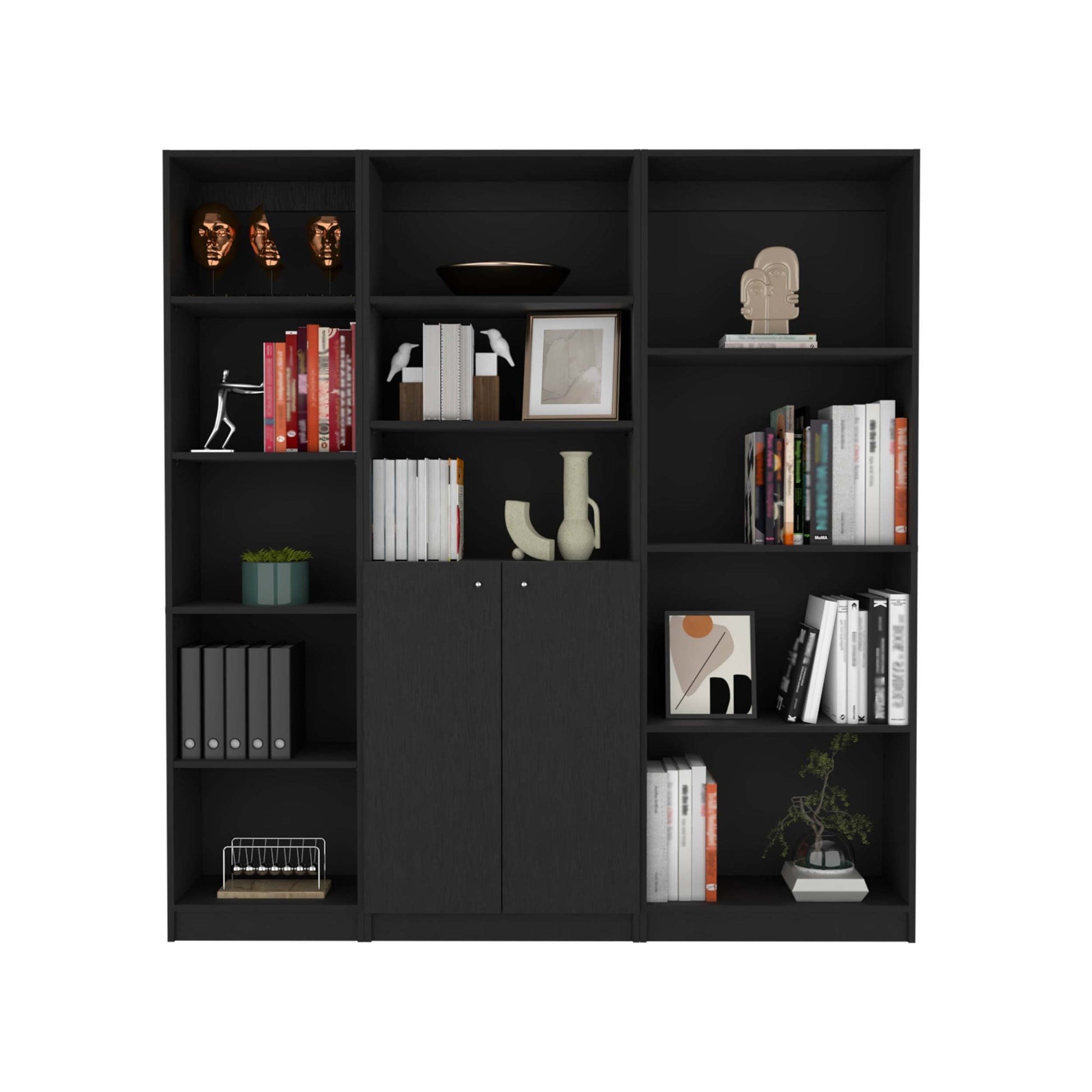 Black 3 Piece Living Room Set With 3 Bookcases 8 Or More Black Standard Horizontal Primary Living Space Closed Back Wood With Doors Wood