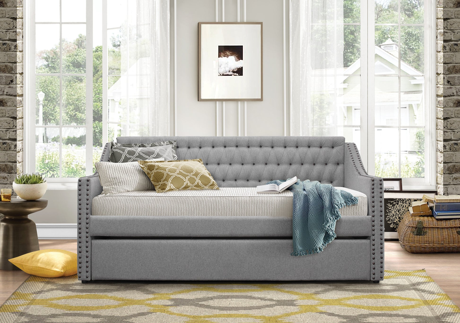 Modern Design Gray Fabric Upholstered 1Pc Sofa Bed W Trundle Button Tufted Detail Trim Daybed Wooden Furniture Twin Box Spring Not Required Gray Wood Bedroom Modern,Traditional Polyester Wood