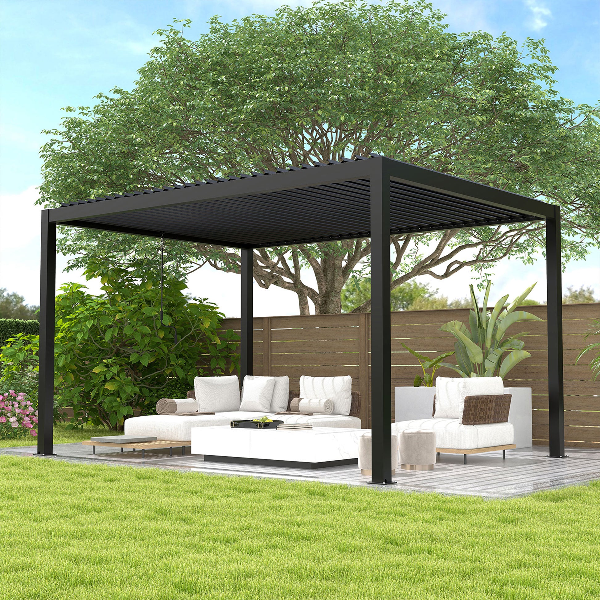 8640 Louver Pergola 10X13Ft Aluminum Frame & Steel Louvers Black Aluminum