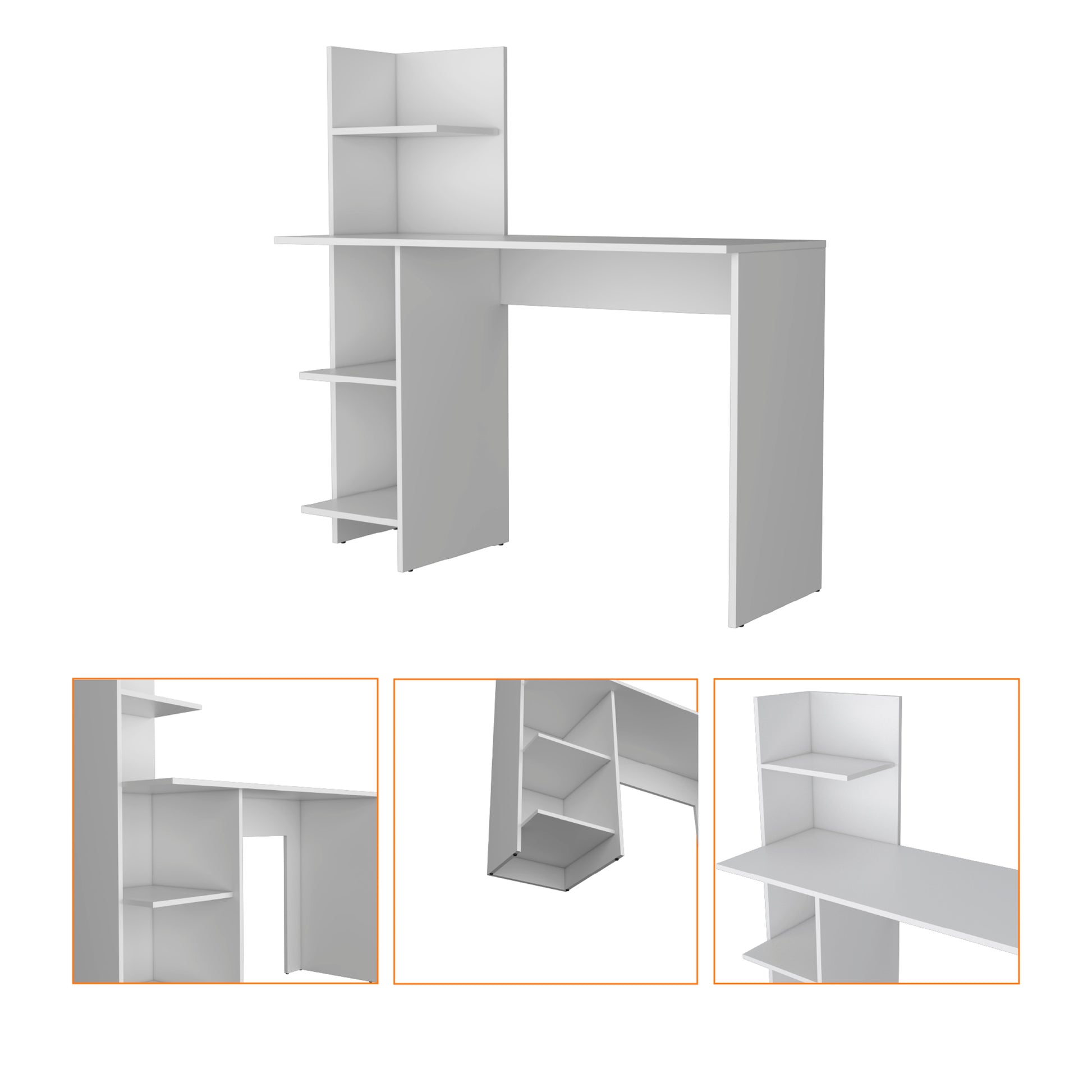 Tecoa Writing Desk, Four Shelves White Office Modern Freestanding Pine Open Storage Computer Tables Particle Board Engineered Wood