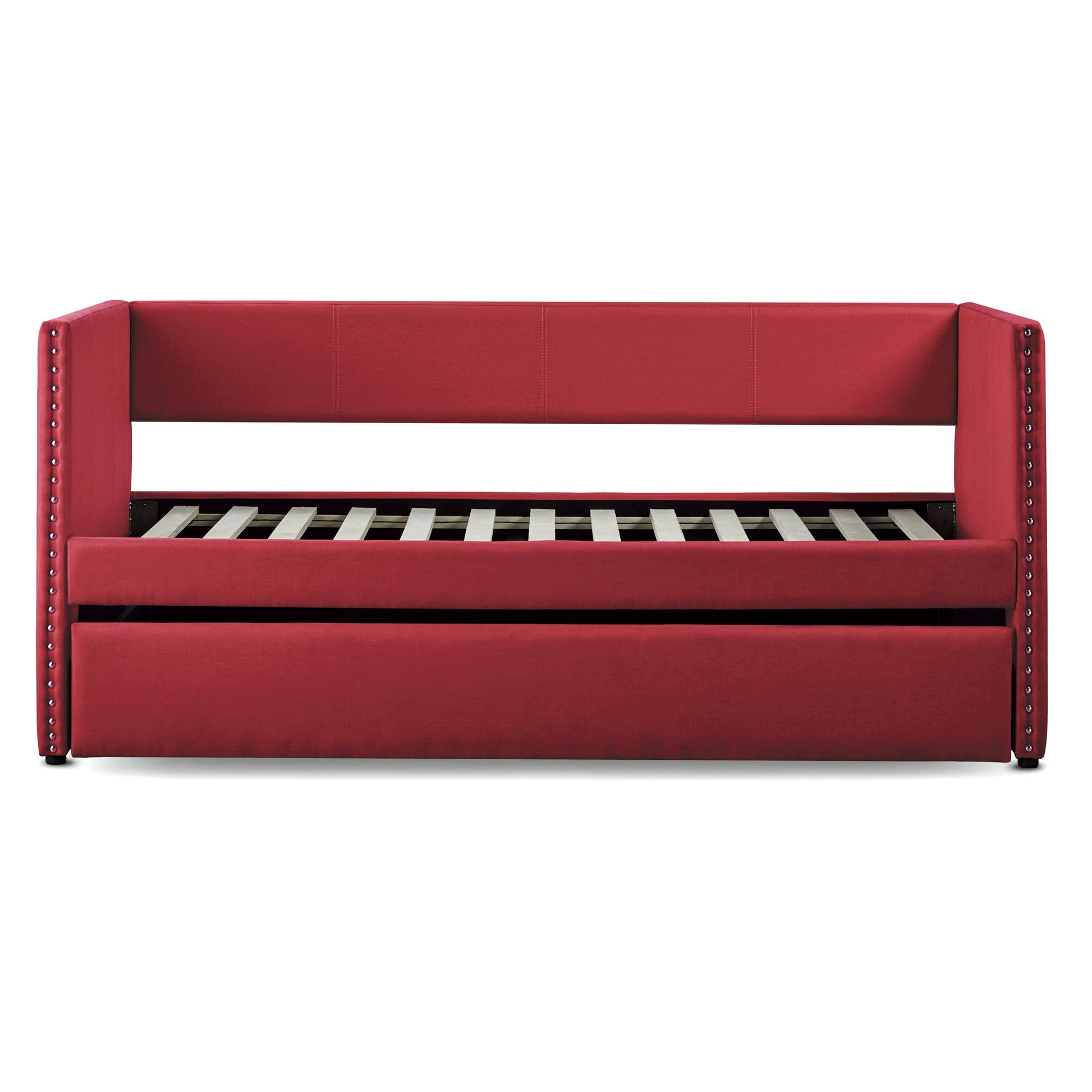 Red Fabric Upholstered 1Pc Day Bed With Pull Out Trundle Trim Wood Frame Furniture Twin Box Spring Not Required Red Wood Bedroom Polyester Wood