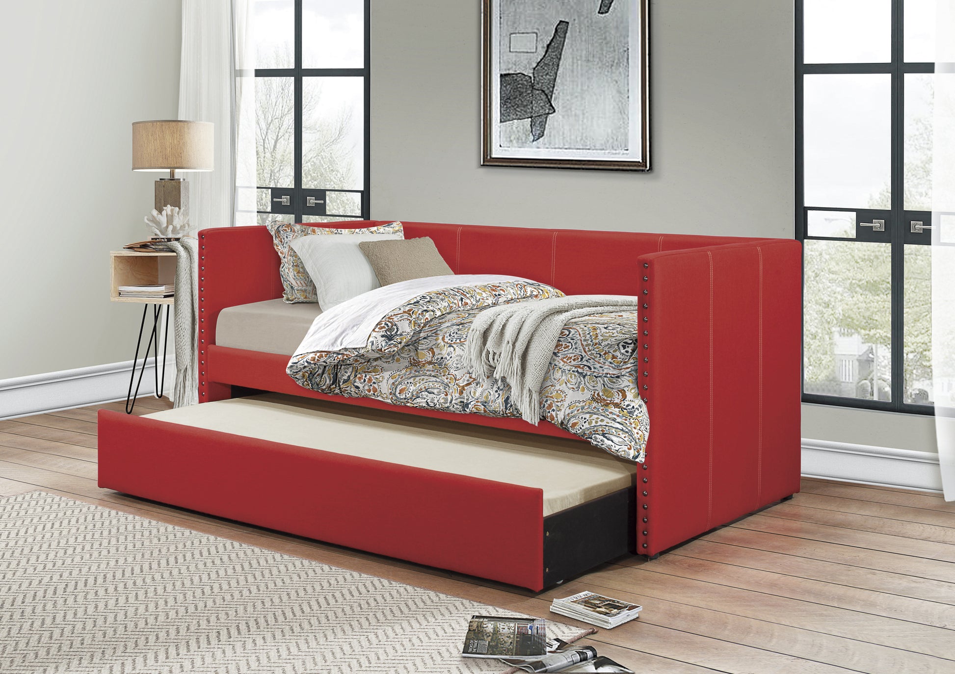 Red Fabric Upholstered 1Pc Day Bed With Pull Out Trundle Trim Wood Frame Furniture Twin Box Spring Not Required Red Wood Bedroom Polyester Wood