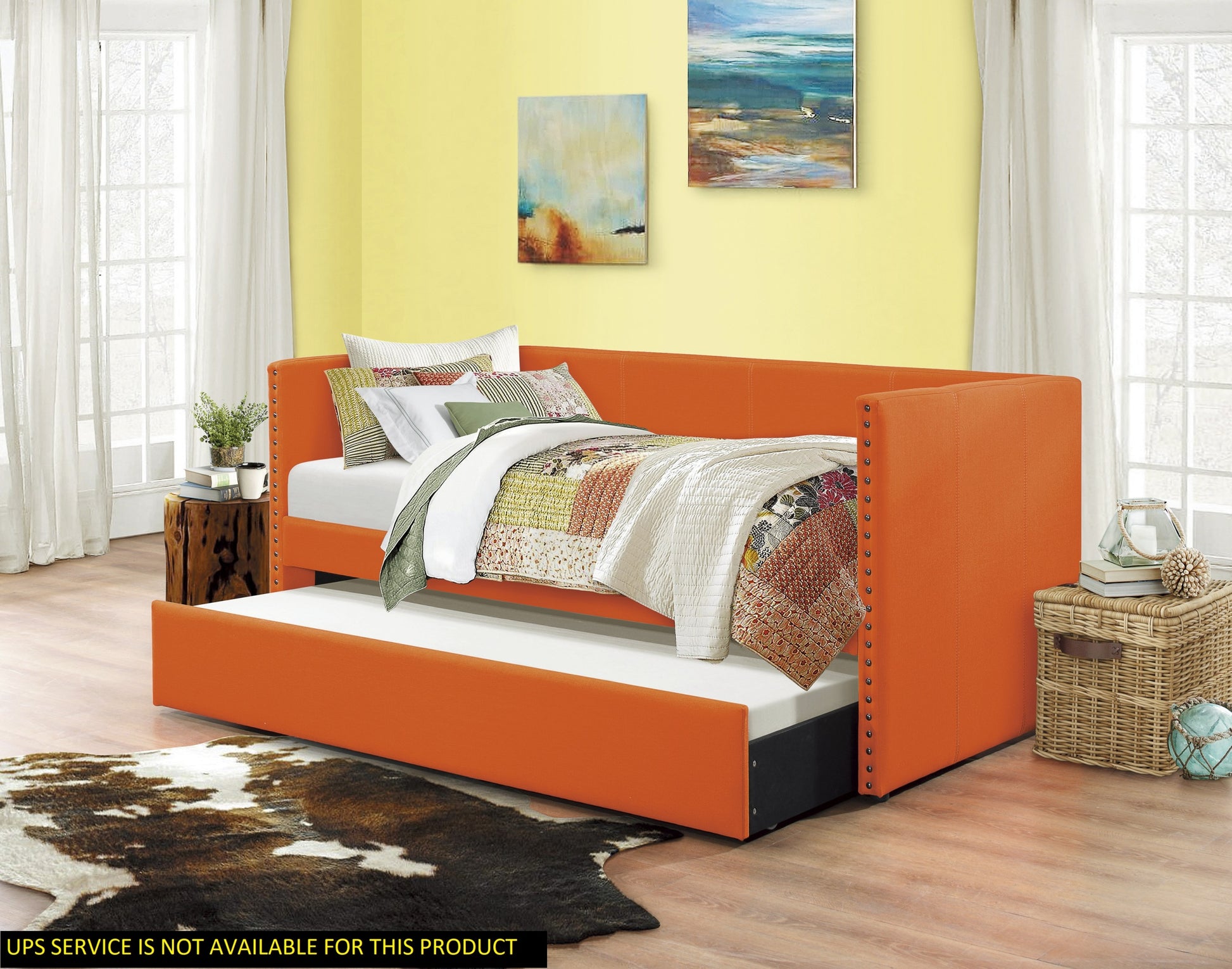 Orange Fabric Upholstered 1Pc Day Bed With Pull Out Trundle Trim Wood Frame Furniture Twin Box Spring Not Required Orange Bedroom Wood