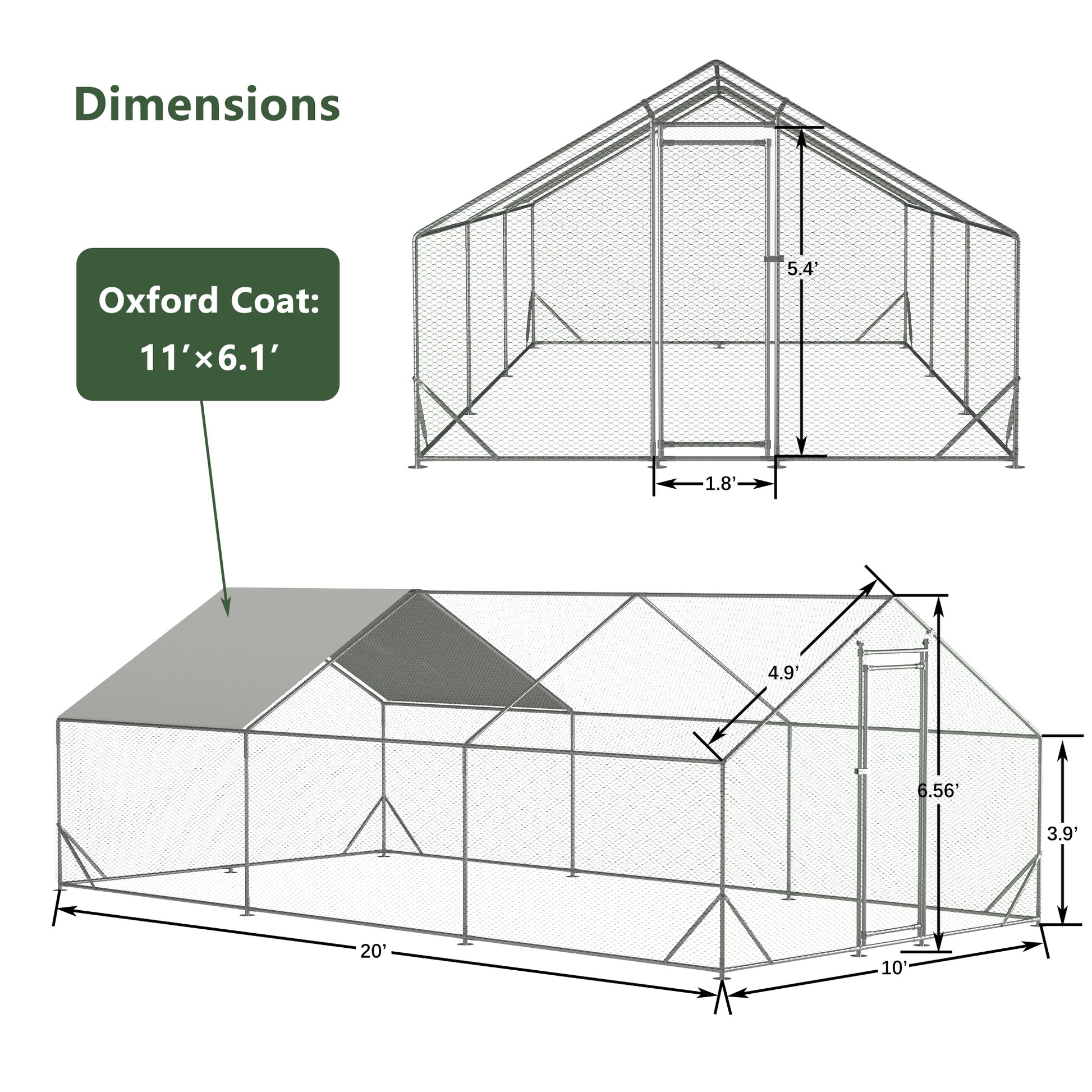 Large Metal Chicken Coop, Walk In Chicken Run,Galvanized Wire Poultry Chicken Hen Pen Cage, Rabbits Duck Cages With Waterproof And Anti Ultraviolet Cover For Outside 10' L X 20' W X 6.56' H Silver Metal