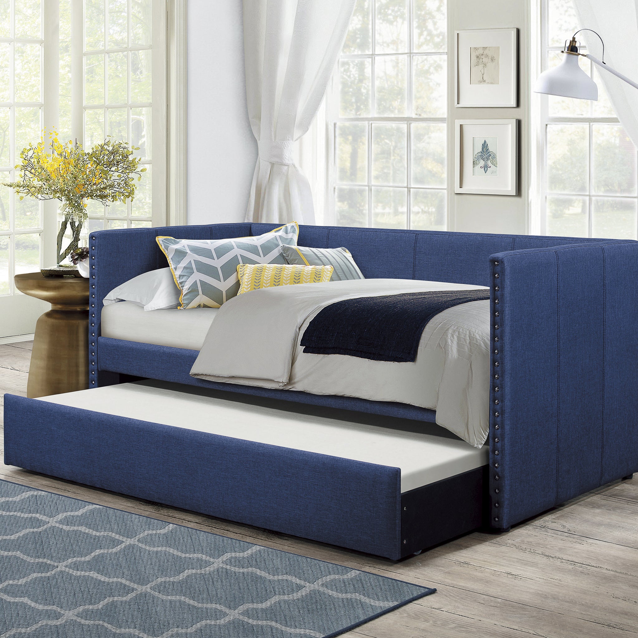 Blue Fabric Upholstered 1Pc Day Bed With Pull Out Trundle Trim Wood Frame Furniture Twin Box Spring Not Required Blue Wood Bedroom Polyester Wood