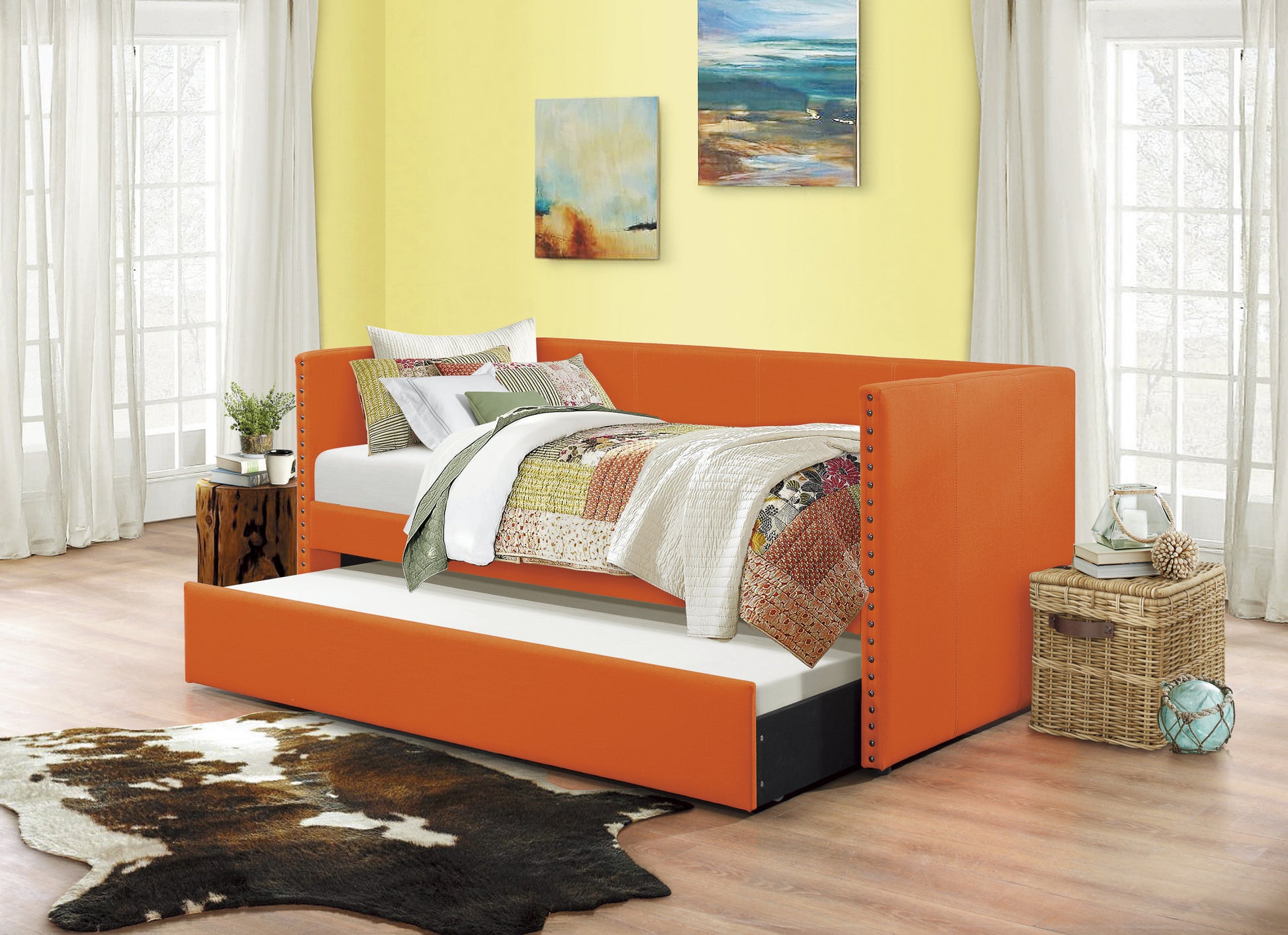 Orange Fabric Upholstered 1Pc Day Bed With Pull Out Trundle Trim Wood Frame Furniture Twin Box Spring Not Required Orange Bedroom Wood