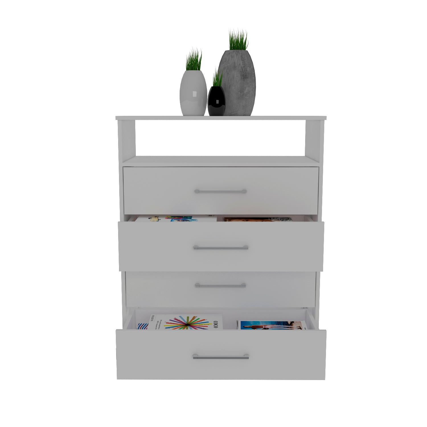 Continental Dresser, Superior Top, Four Drawers, One Shelf White White Bedroom Modern Particle Board Particle Board