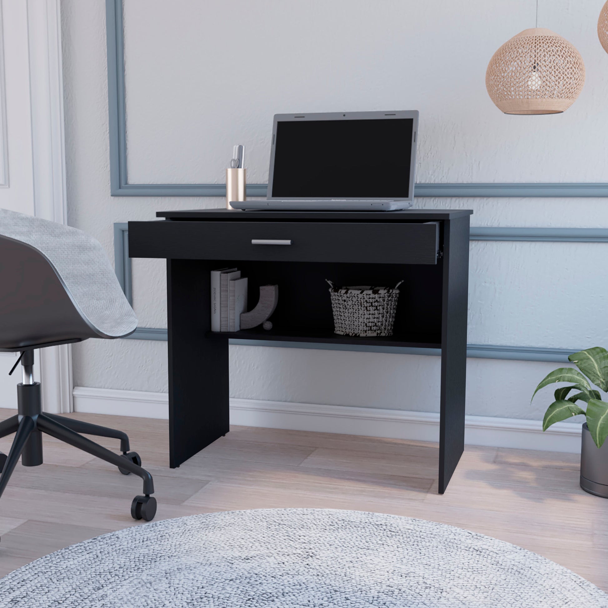 Kaylor Storage Desk, Modern Design With Drawer And Shelf Black Office Freestanding Pine Drawers Computer Tables Particle Board Engineered Wood