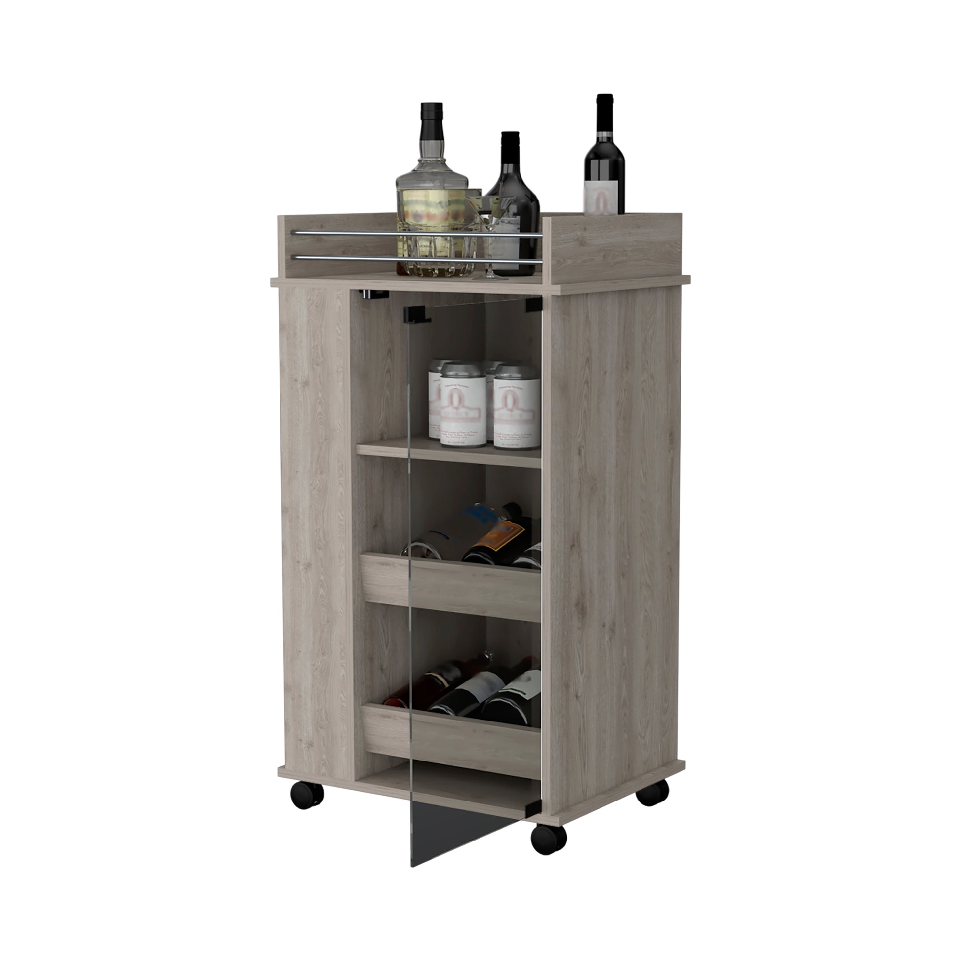 Lusk Bar Cart With 2 Bottle Holder Shelf, Glass Door And Casters 1 2 Shelves Light Gray Primary Living Space Particle Board Engineered Wood