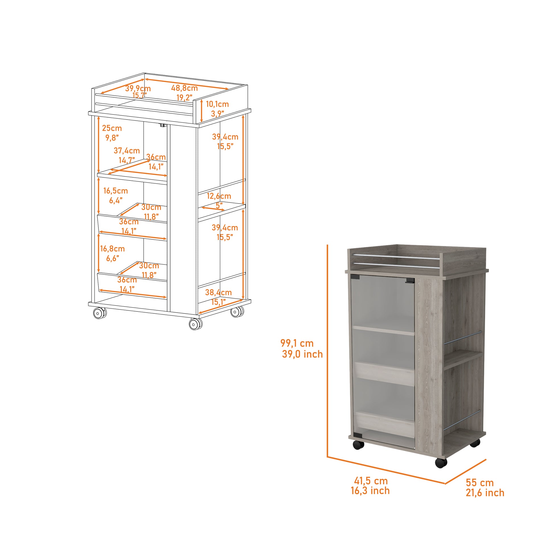 Lusk Bar Cart With 2 Bottle Holder Shelf, Glass Door And Casters 1 2 Shelves Light Gray Primary Living Space Particle Board Engineered Wood