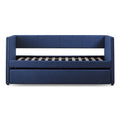 Blue Fabric Upholstered 1Pc Day Bed With Pull Out Trundle Trim Wood Frame Furniture Twin Box Spring Not Required Blue Wood Bedroom Polyester Wood