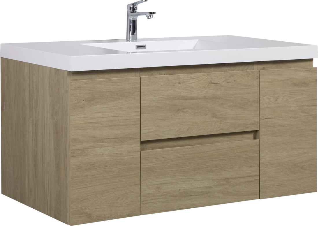 48'' Wall Hung Bathroom Vanity In Natural Oak With White Top 24Vangela 48 6066 Oak Mdf